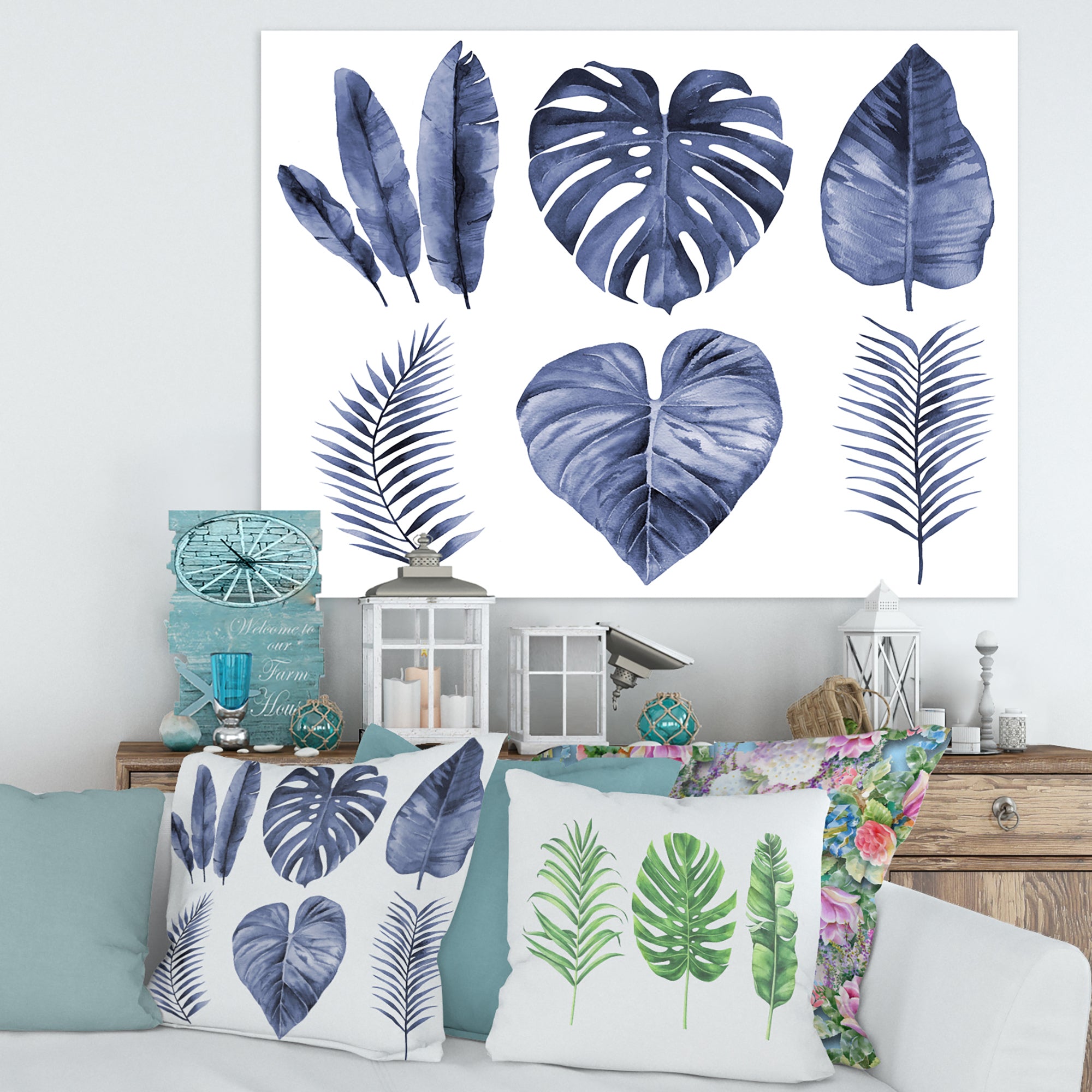 Tropical Blue Watercolour Leaves I