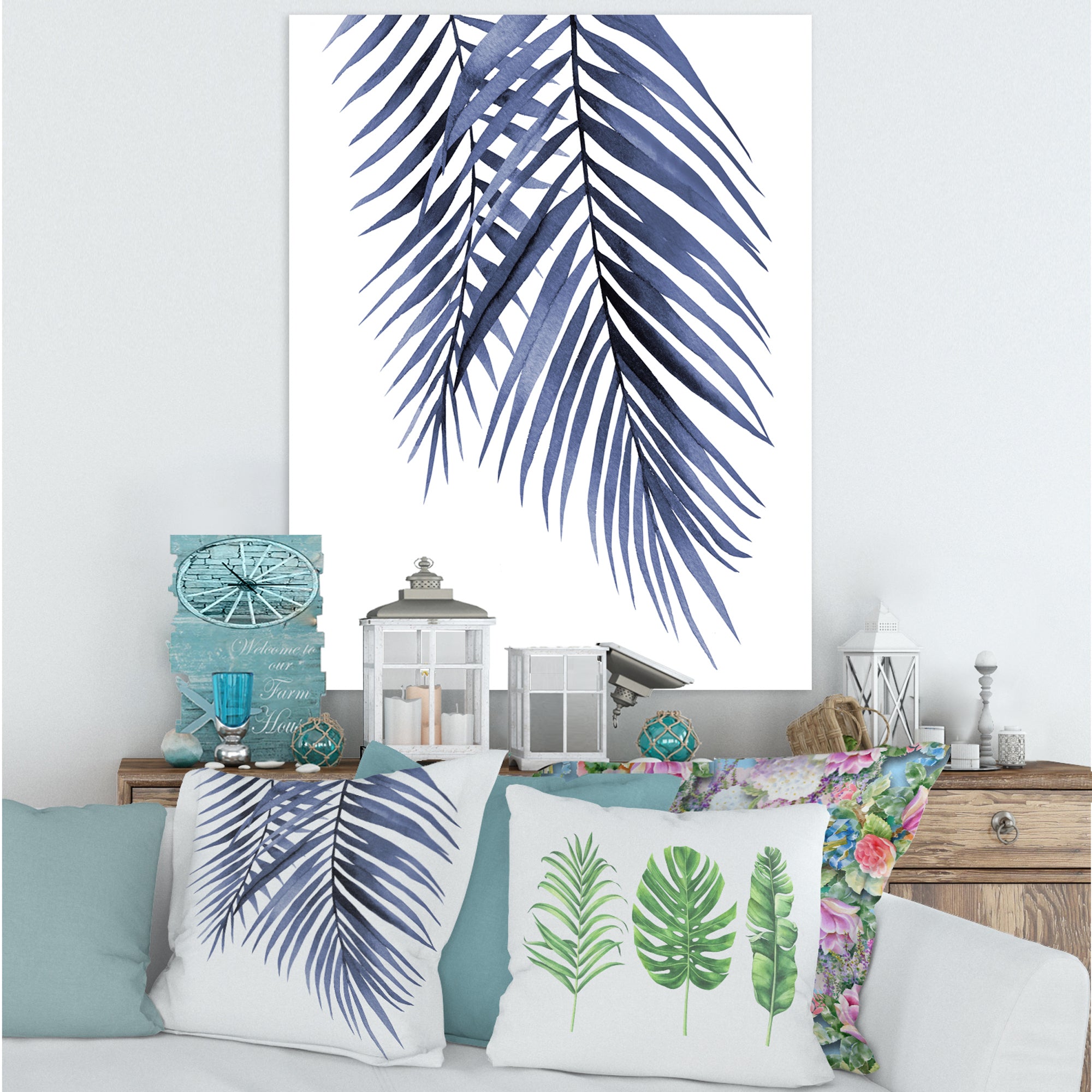 Blue Palm Leaves Abstract Tropical Branches