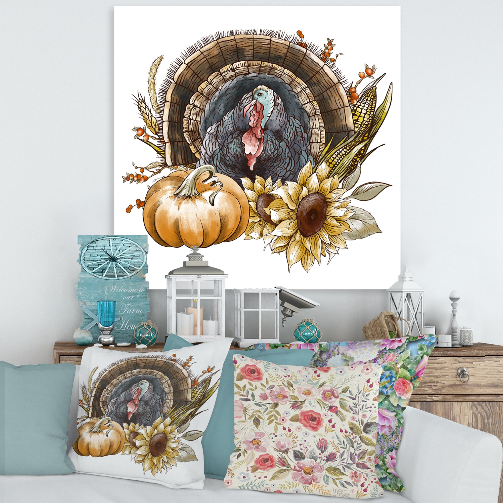 Thanksgiving Vintage Turkey Sunflowers and Pumpkin