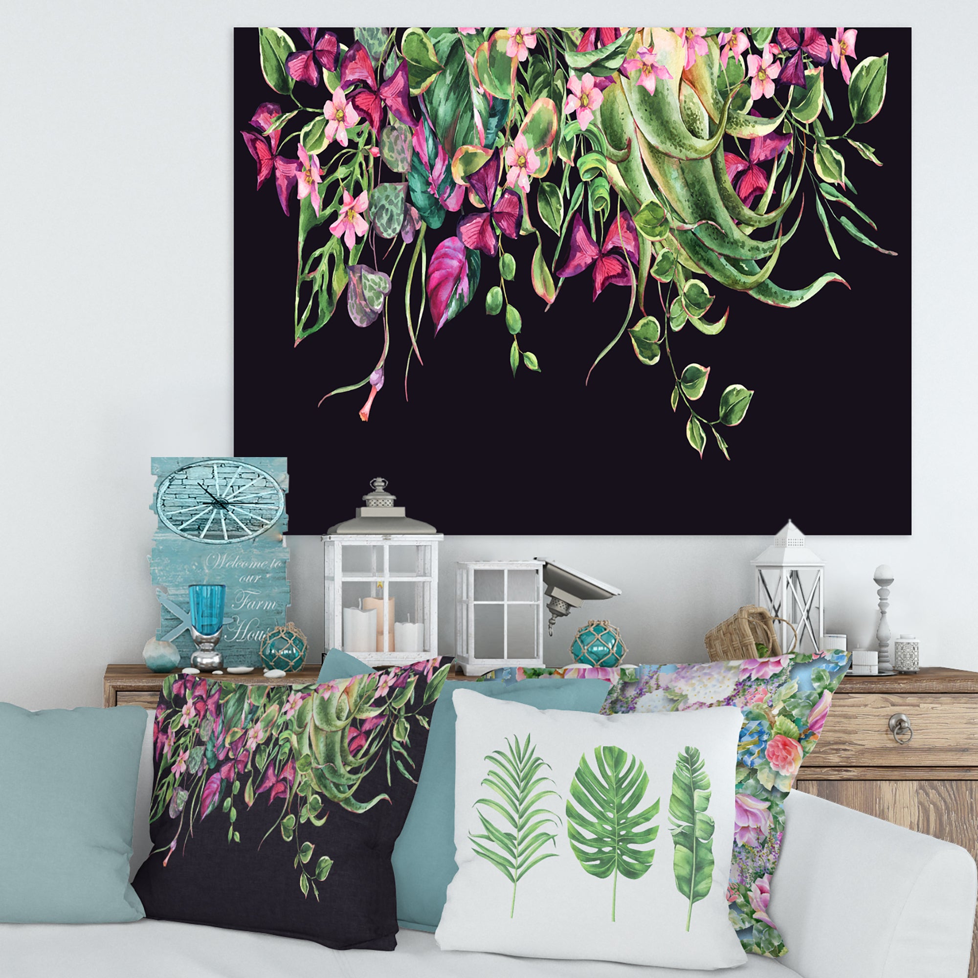 Floral Tropical Leaves Om Black