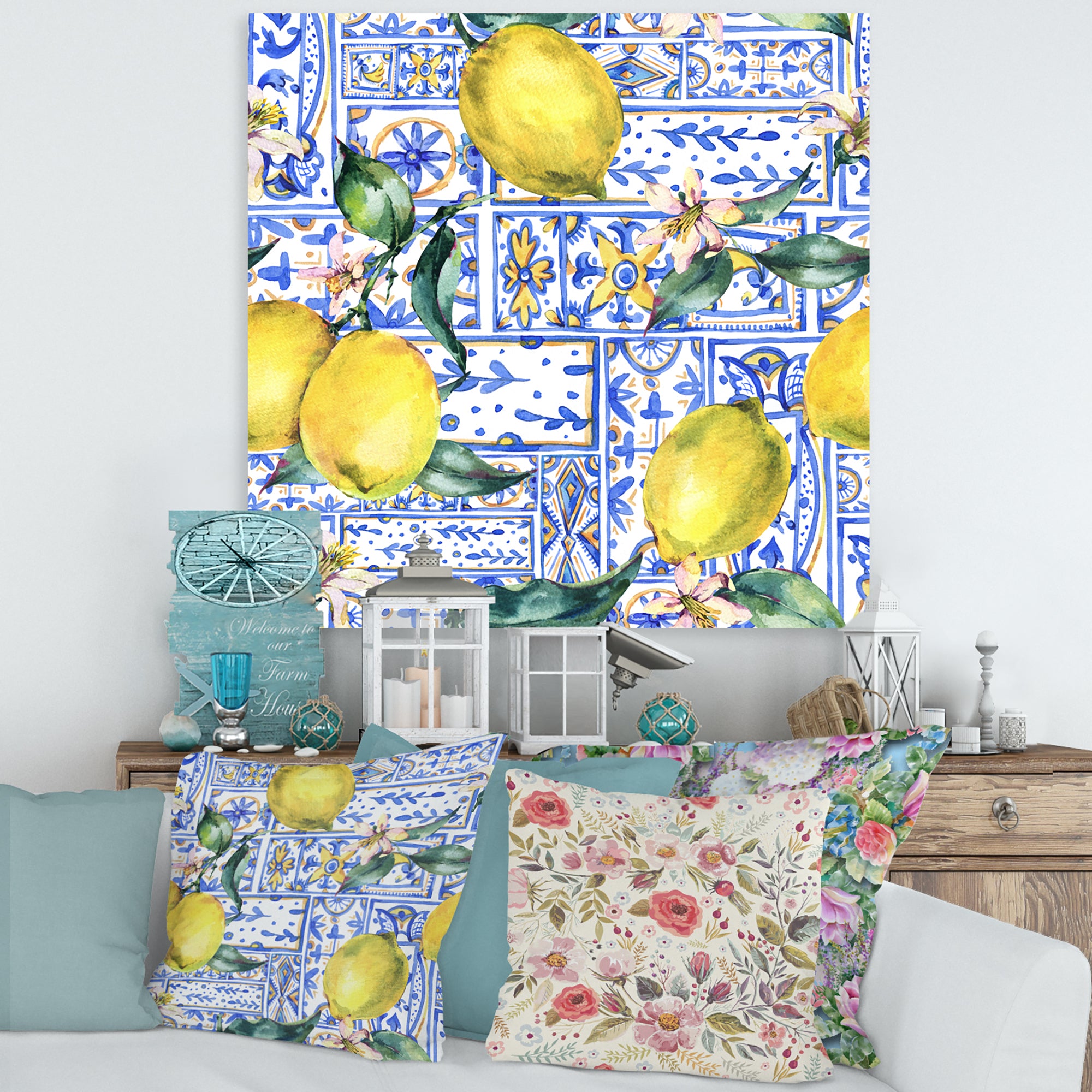 Lemon Ornament On Blue Geometrical Pattern I