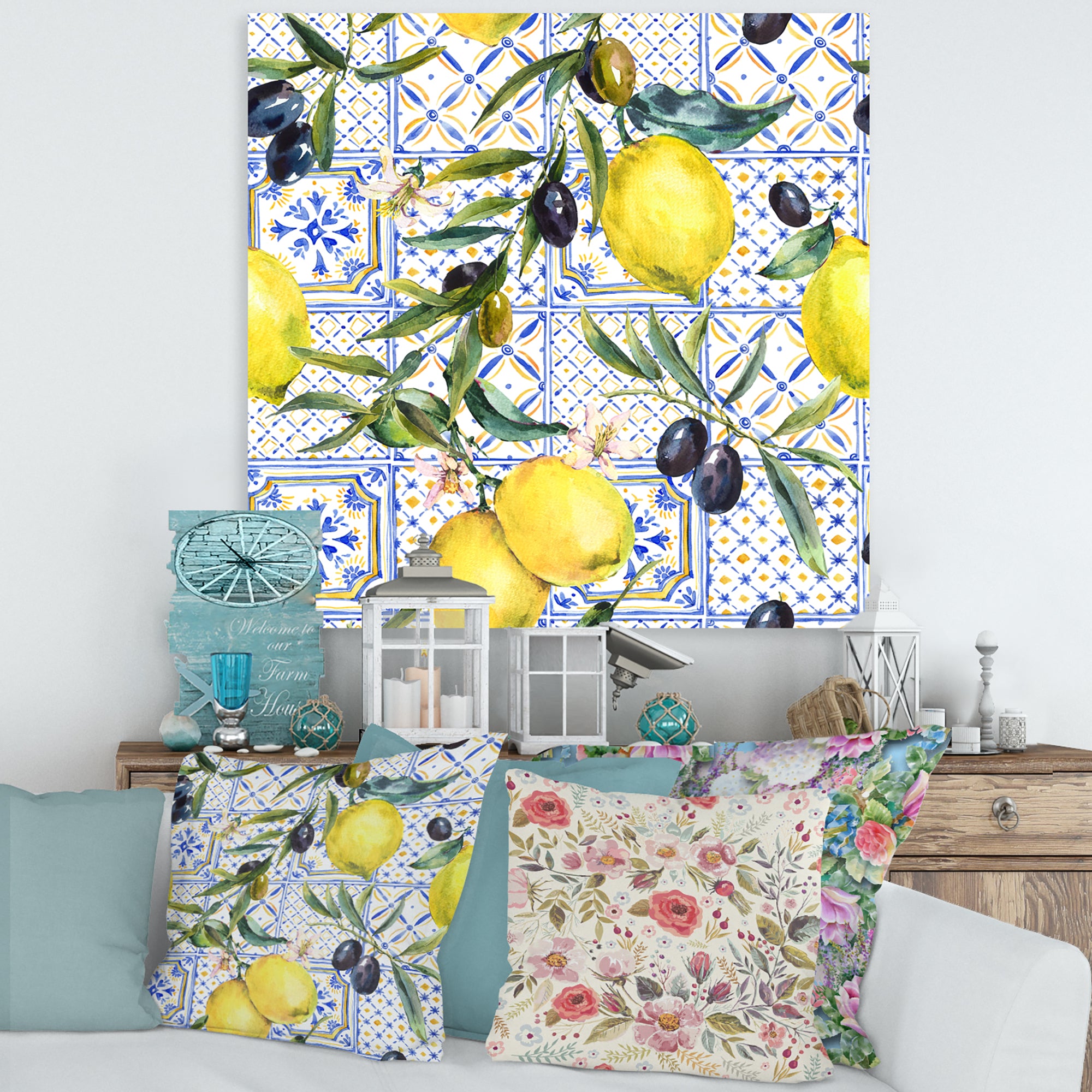 Lemon Ornament On Blue Geometrical Pattern III