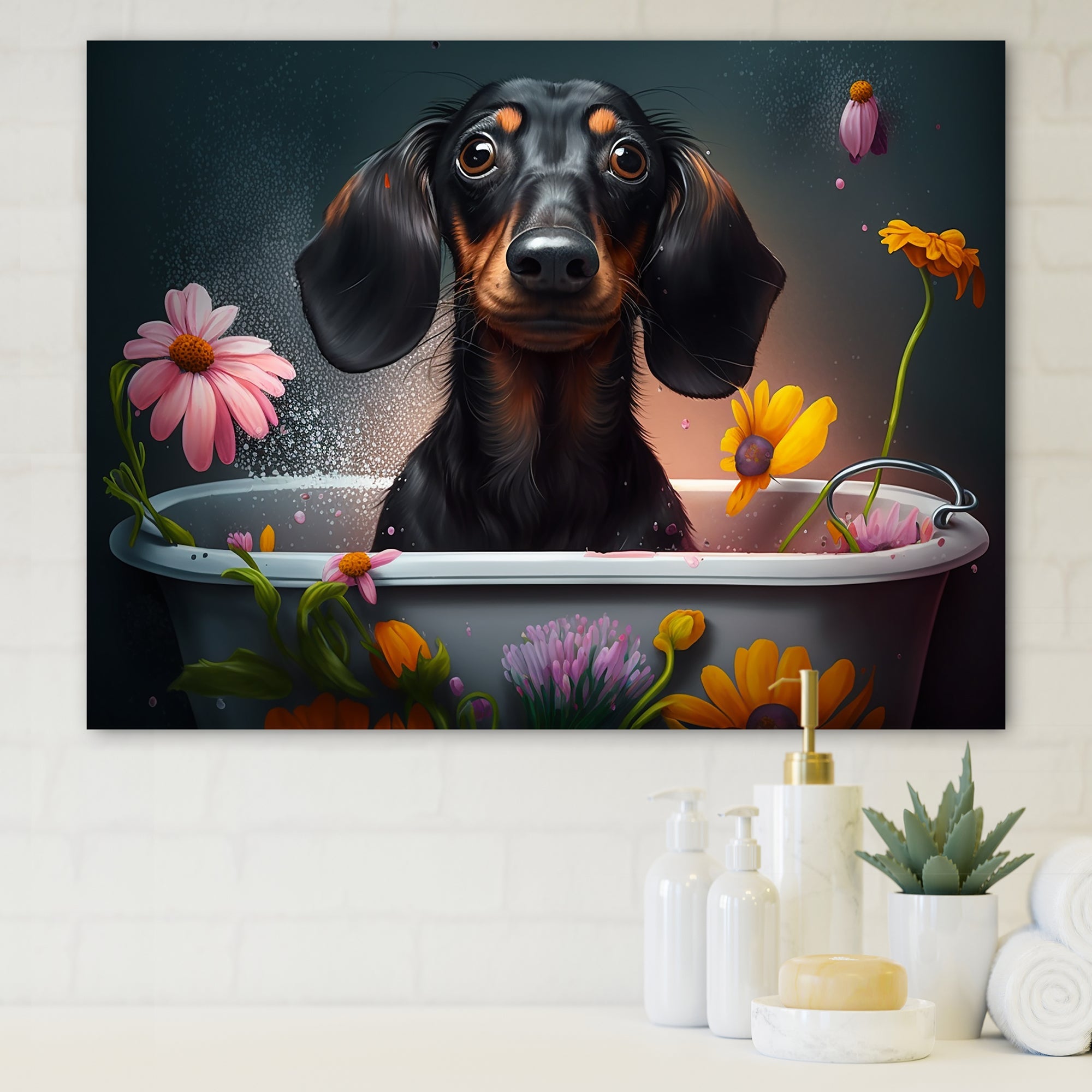 Funny Black Daschund Dog Taking A Flower Bath II