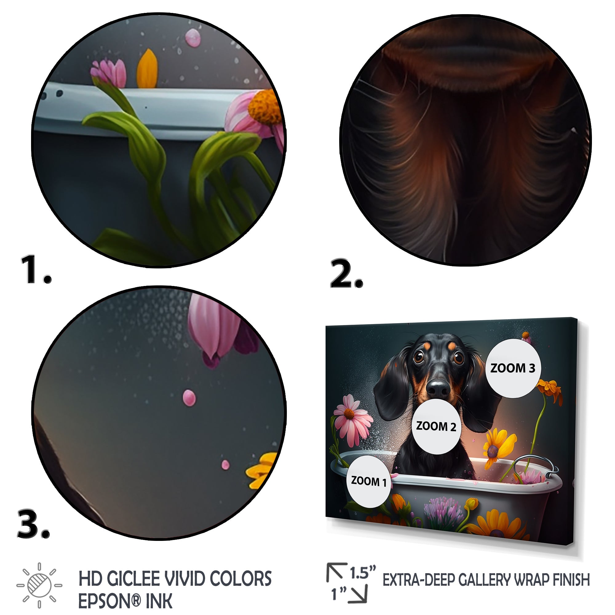 Funny Black Daschund Dog Taking A Flower Bath II