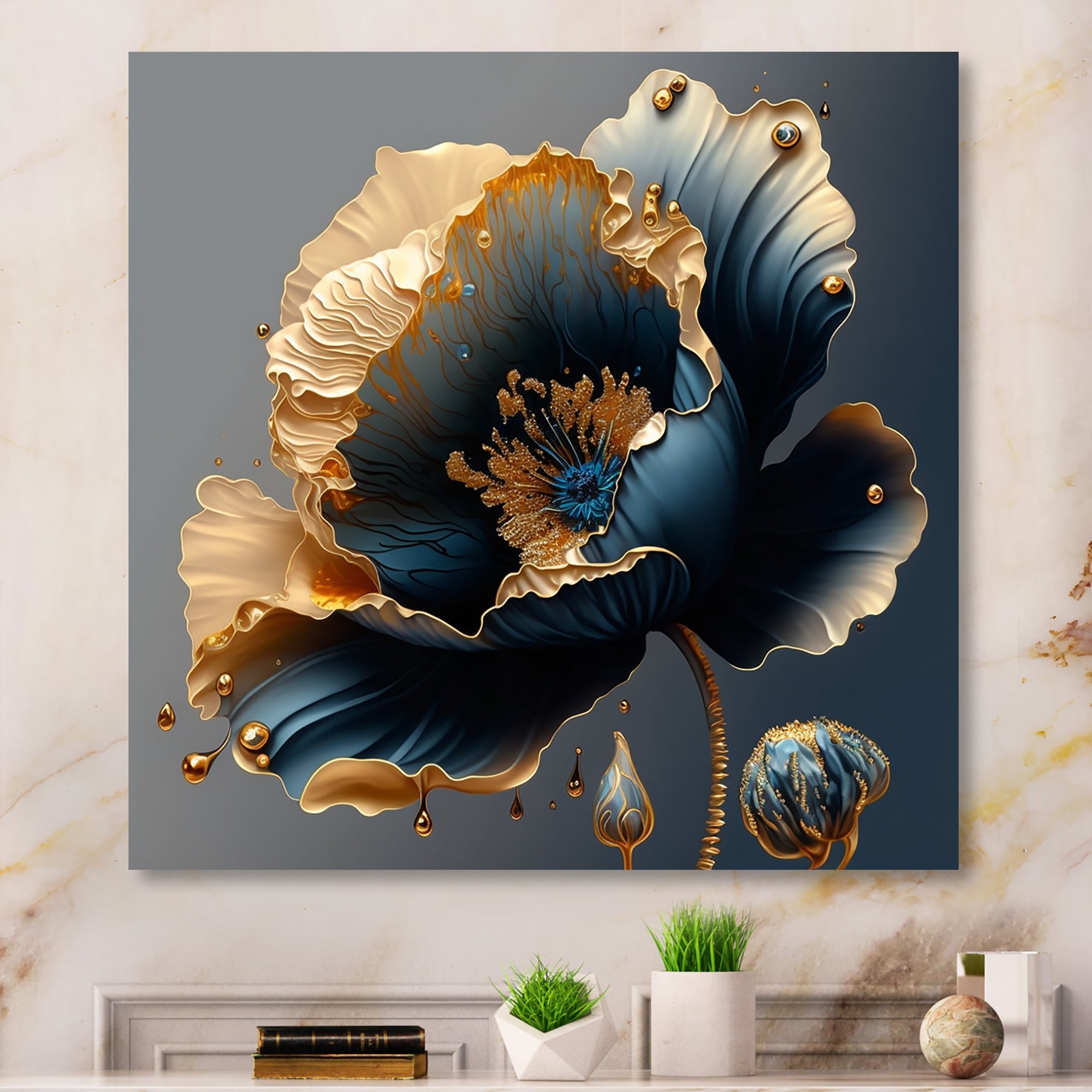 Deep Blue And Gold Single Flower IV