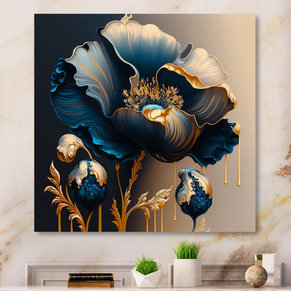 Deep Blue And Gold Single Flower V – Designart | Wall Art, Mirrors