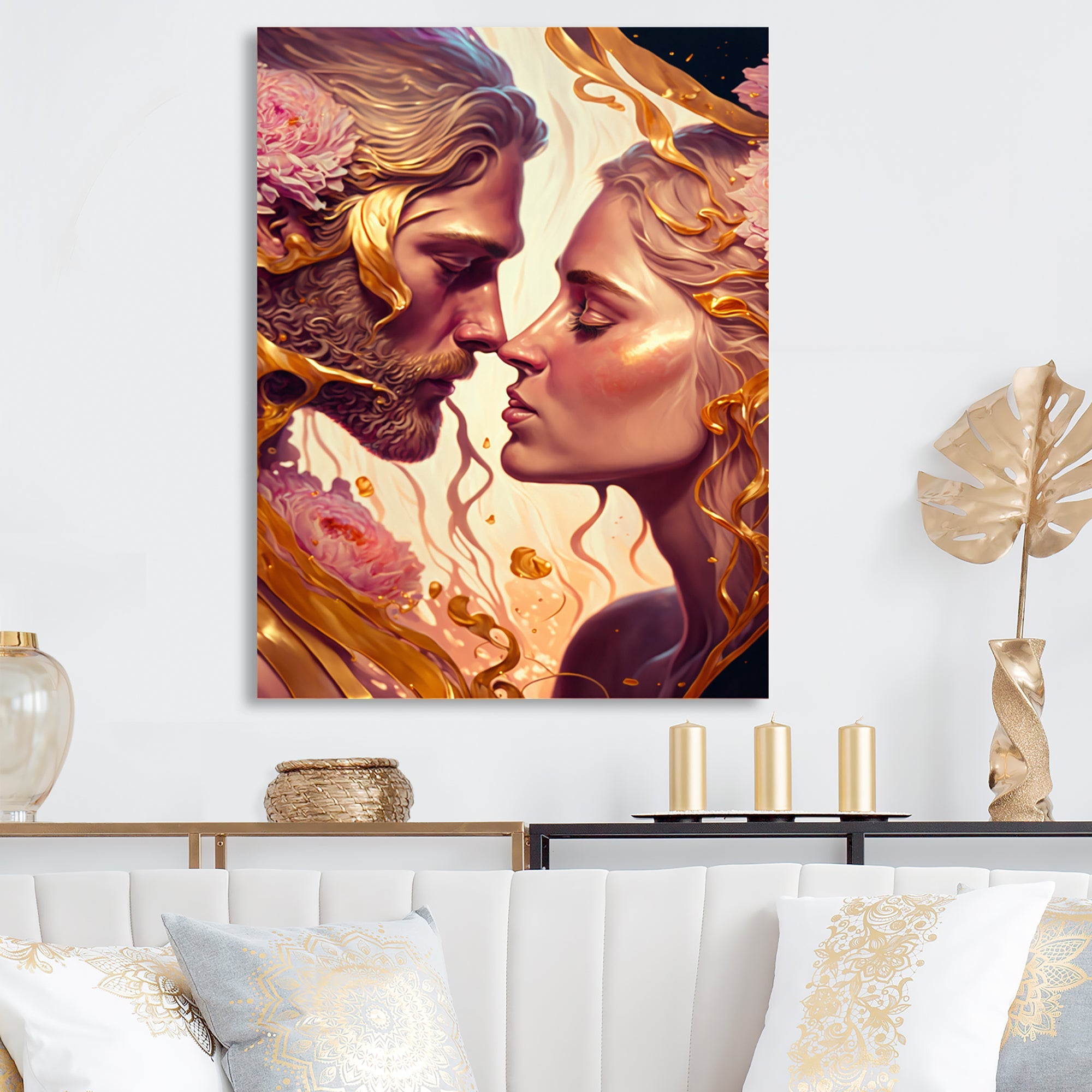 Gold And Pink Couple Kissing Art