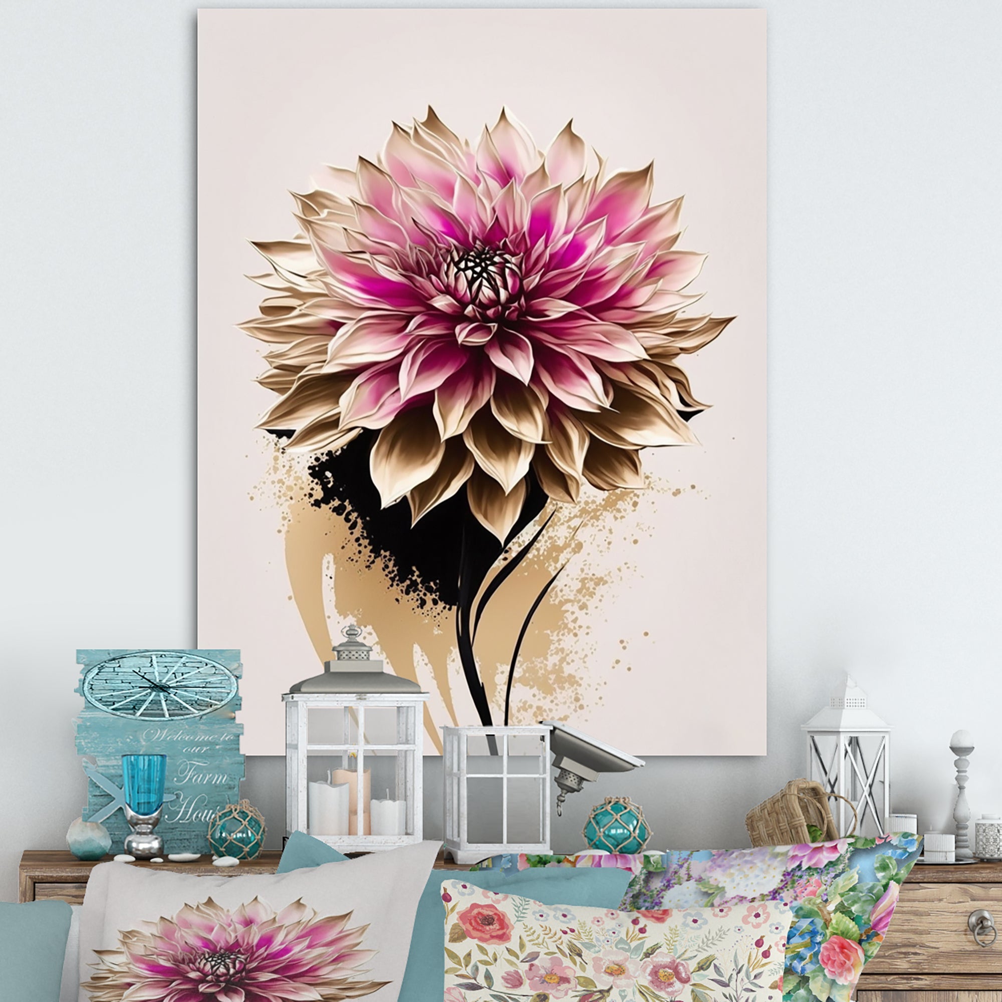 Pink Dahli Flower On Abstract Fusion