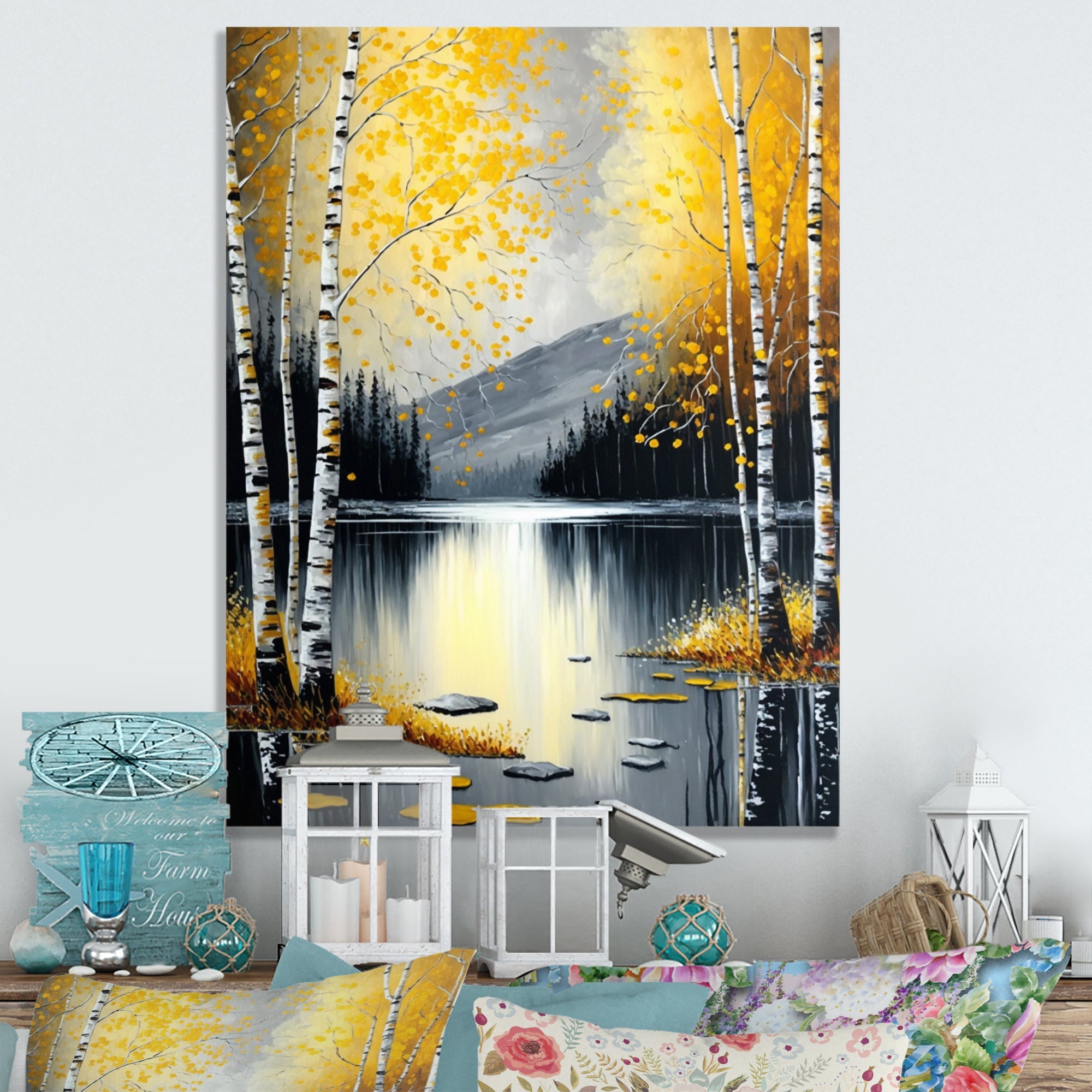 Monochrome Golden Birch Trees By The Lake I