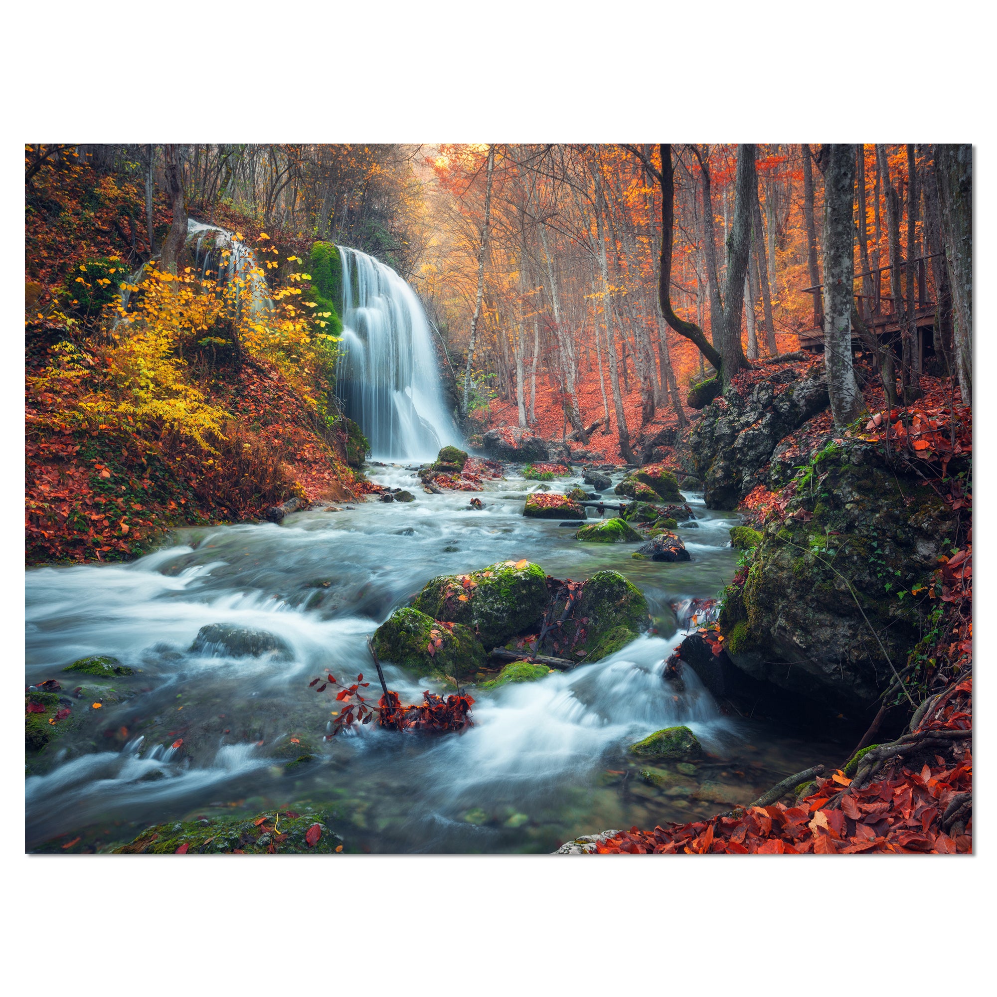 Autumn Mountain Waterfall Long View Wall Art