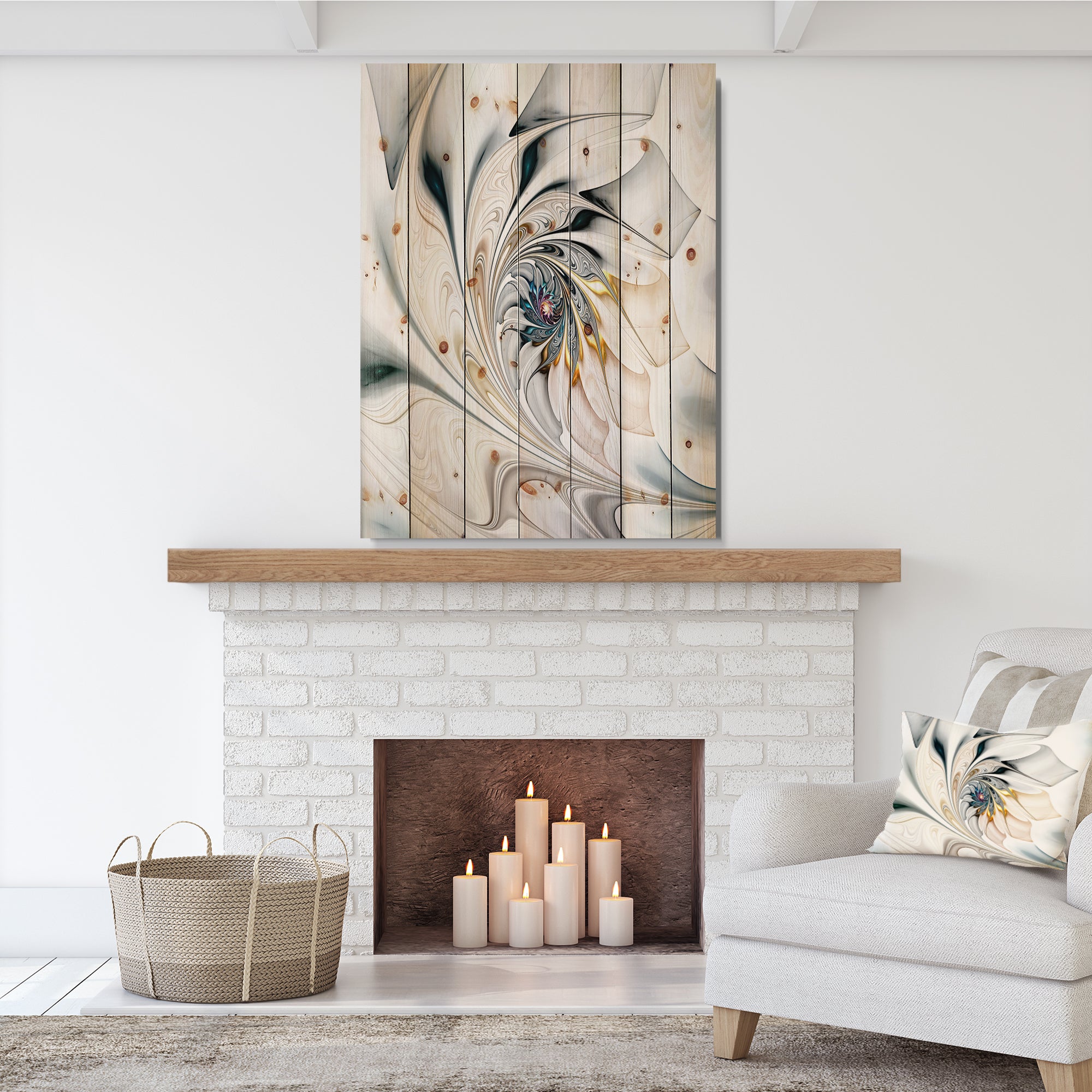 White Stained Glass Floral Art - Floral Print on Natural Pine Wood - 15x20