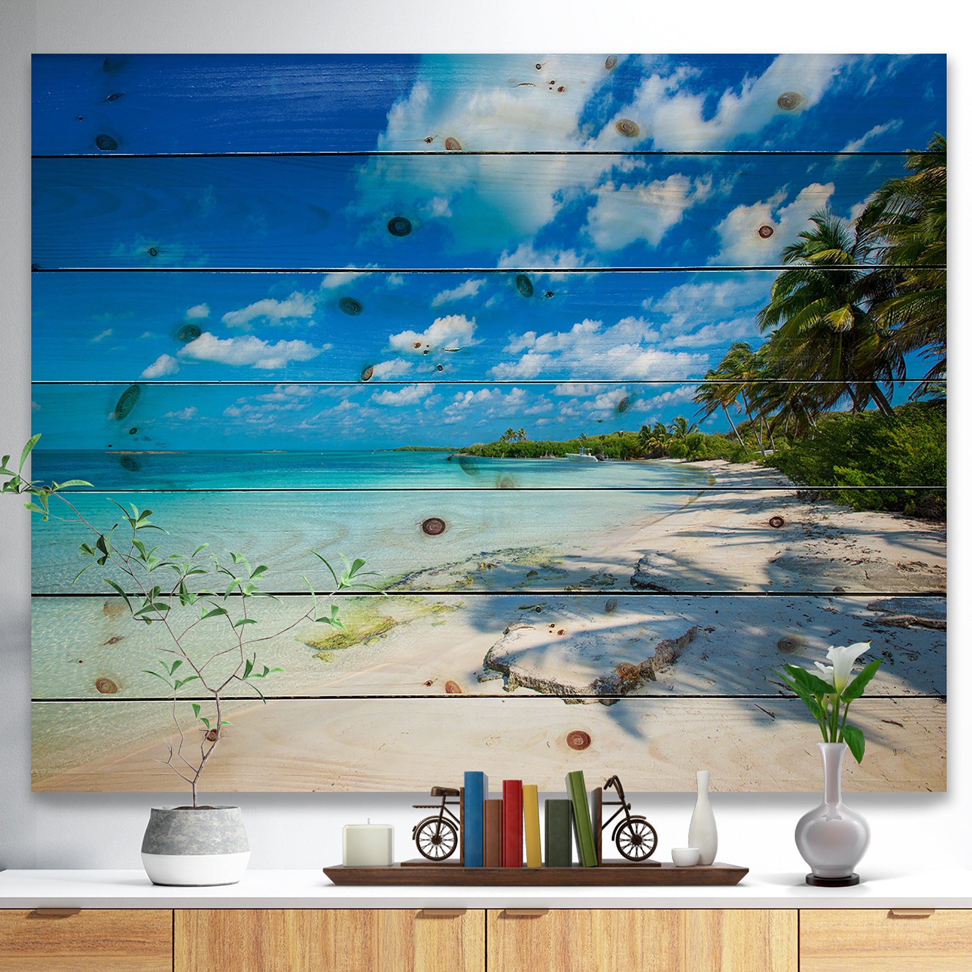Tropical Beach with Palm Shadows - Seashore Print on Natural Pine Wood - 20x15