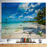 Tropical Beach with Palm Shadows - Seashore Print on Natural Pine Wood - 20x15