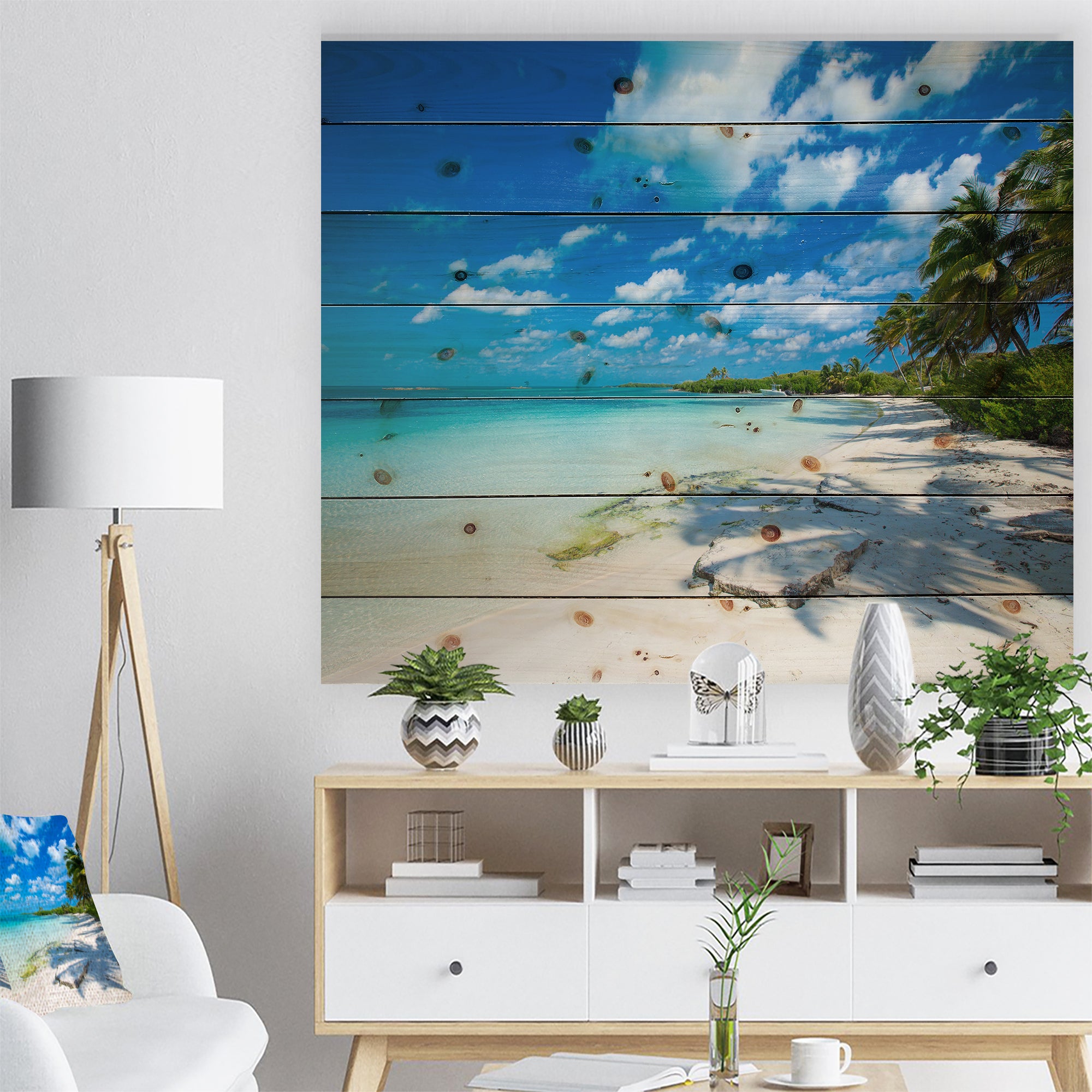 Tropical Beach with Palm Shadows - Seashore Print on Natural Pine Wood - 20x15