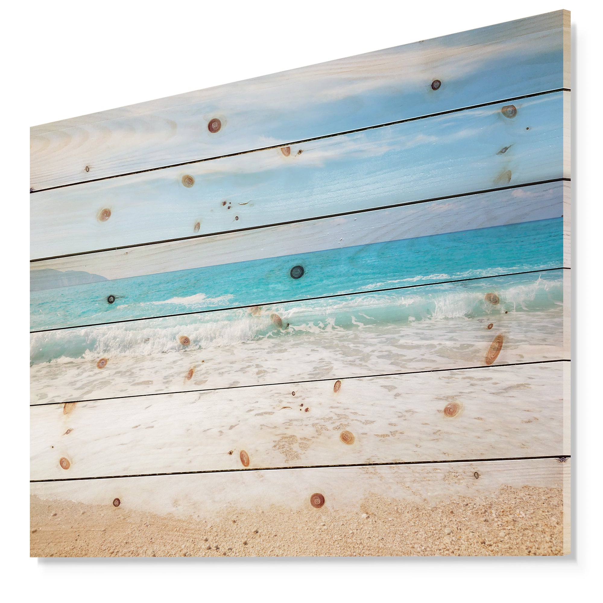 White Waves Kissing Beach Sand - Seashore Print on Natural Pine Wood - 20x15