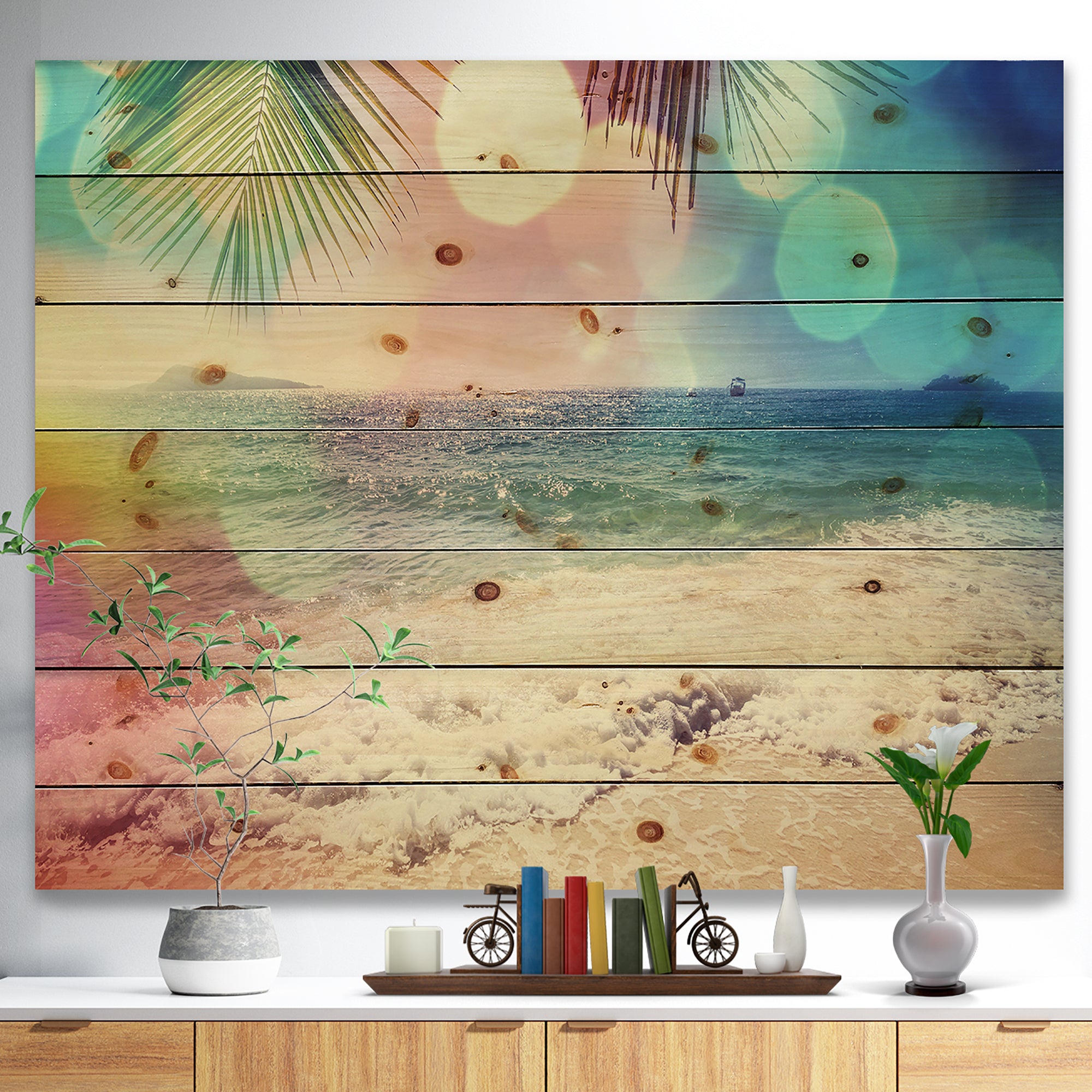Colorful Serenity Tropical Beach - Seashore Print on Natural Pine Wood - 20x15