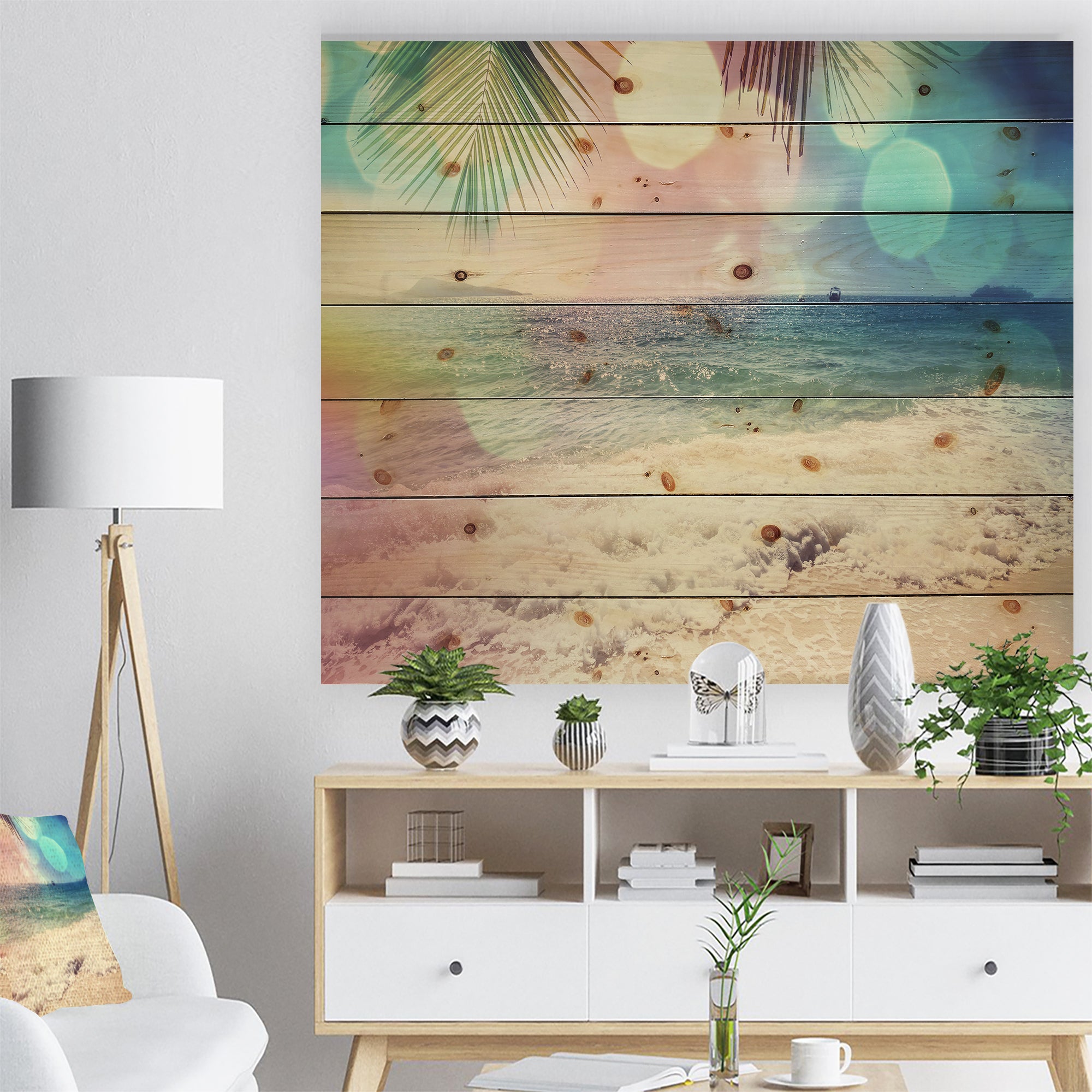 Colorful Serenity Tropical Beach - Seashore Print on Natural Pine Wood - 20x15