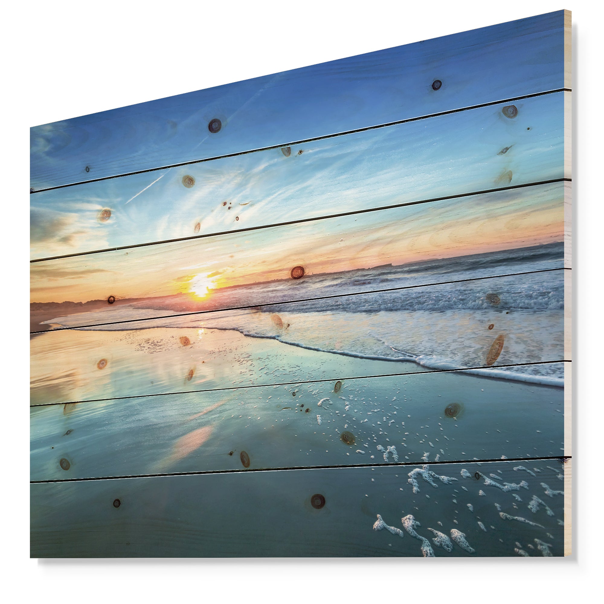 Blue Seashore with Distant Sunset - Seascape Print on Natural Pine Wood - 20x15