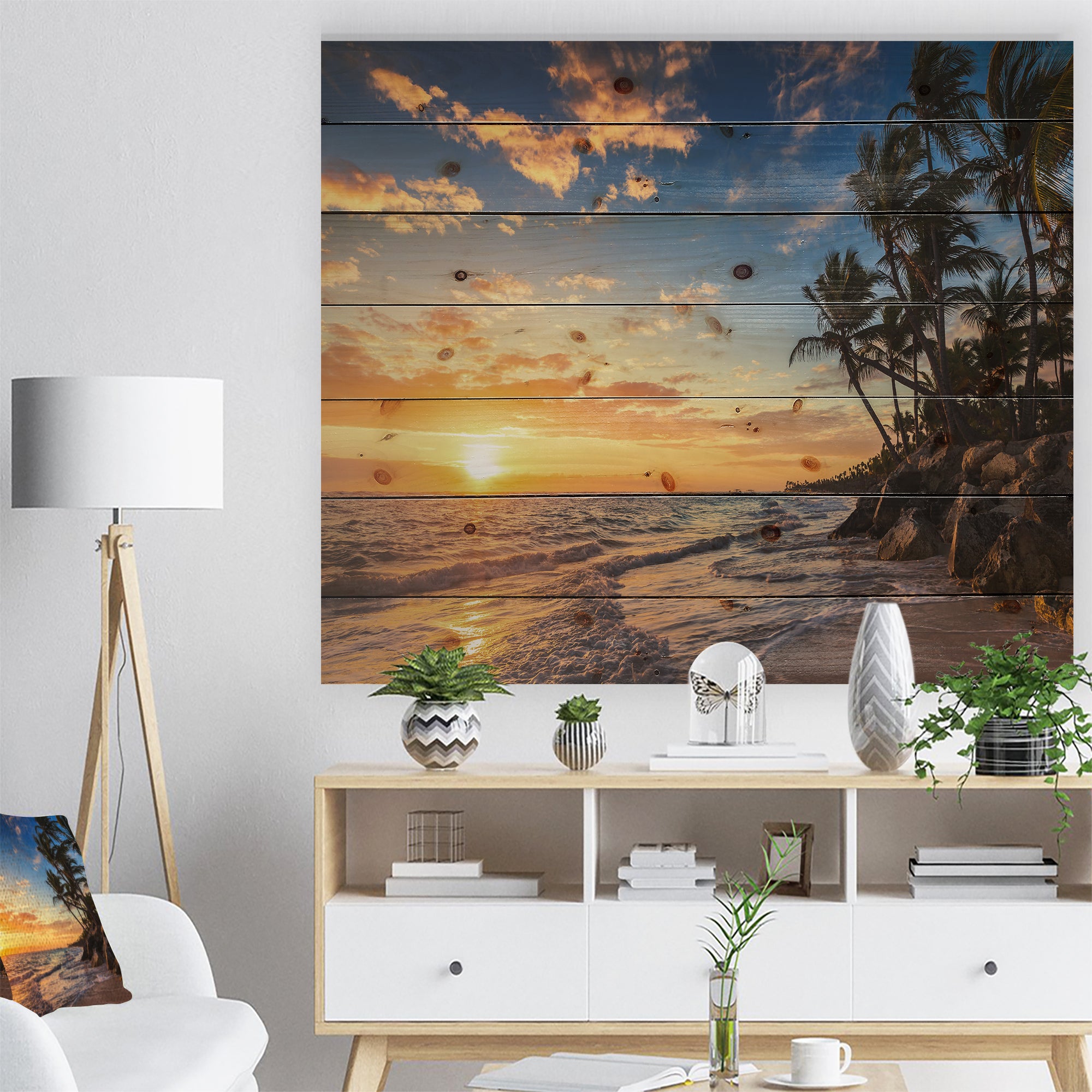 Paradise Tropical Island Beach with Palms - Seascape Print on Natural Pine Wood - 20x15