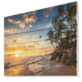 Paradise Tropical Island Beach with Palms - Seascape Print on Natural Pine Wood - 20x15