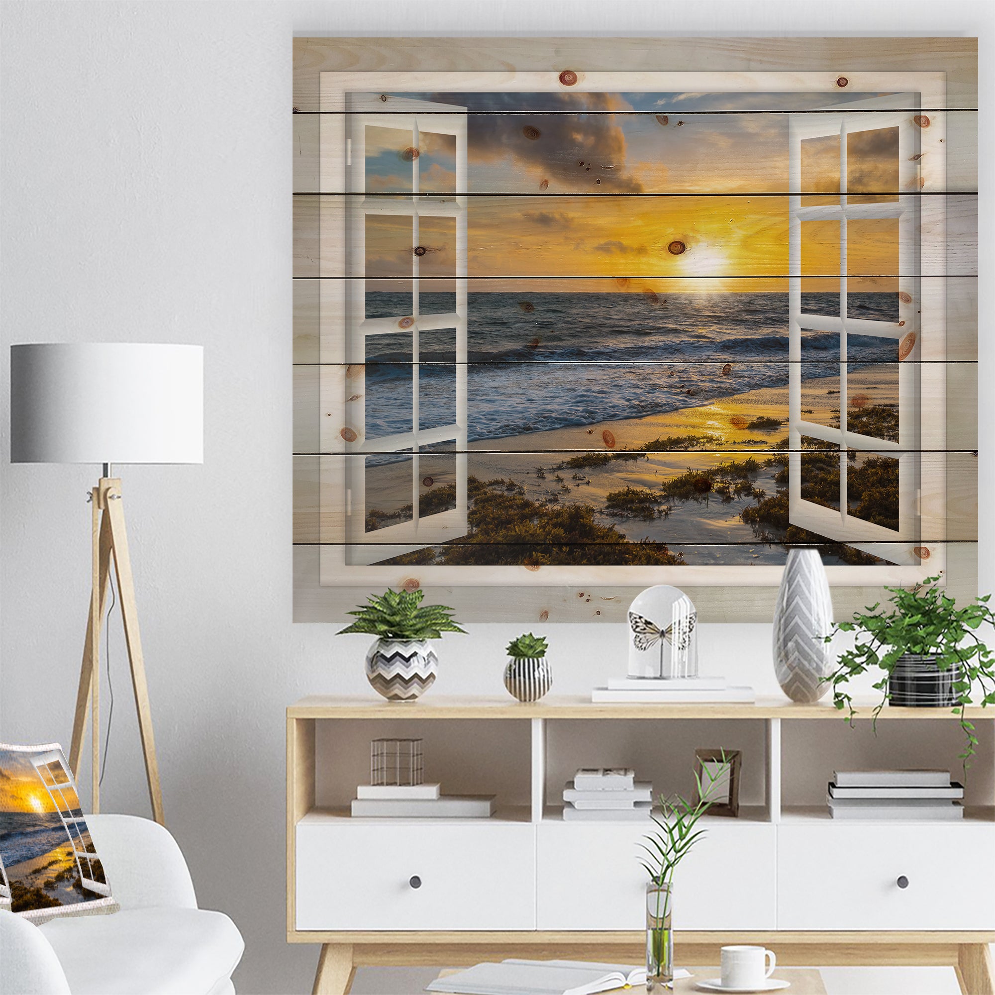 Open Window to Bright Yellow Sunset - Modern Seascape Print on Natural Pine Wood - 20x15