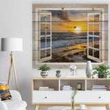 Open Window to Bright Yellow Sunset - Modern Seascape Print on Natural Pine Wood - 20x15
