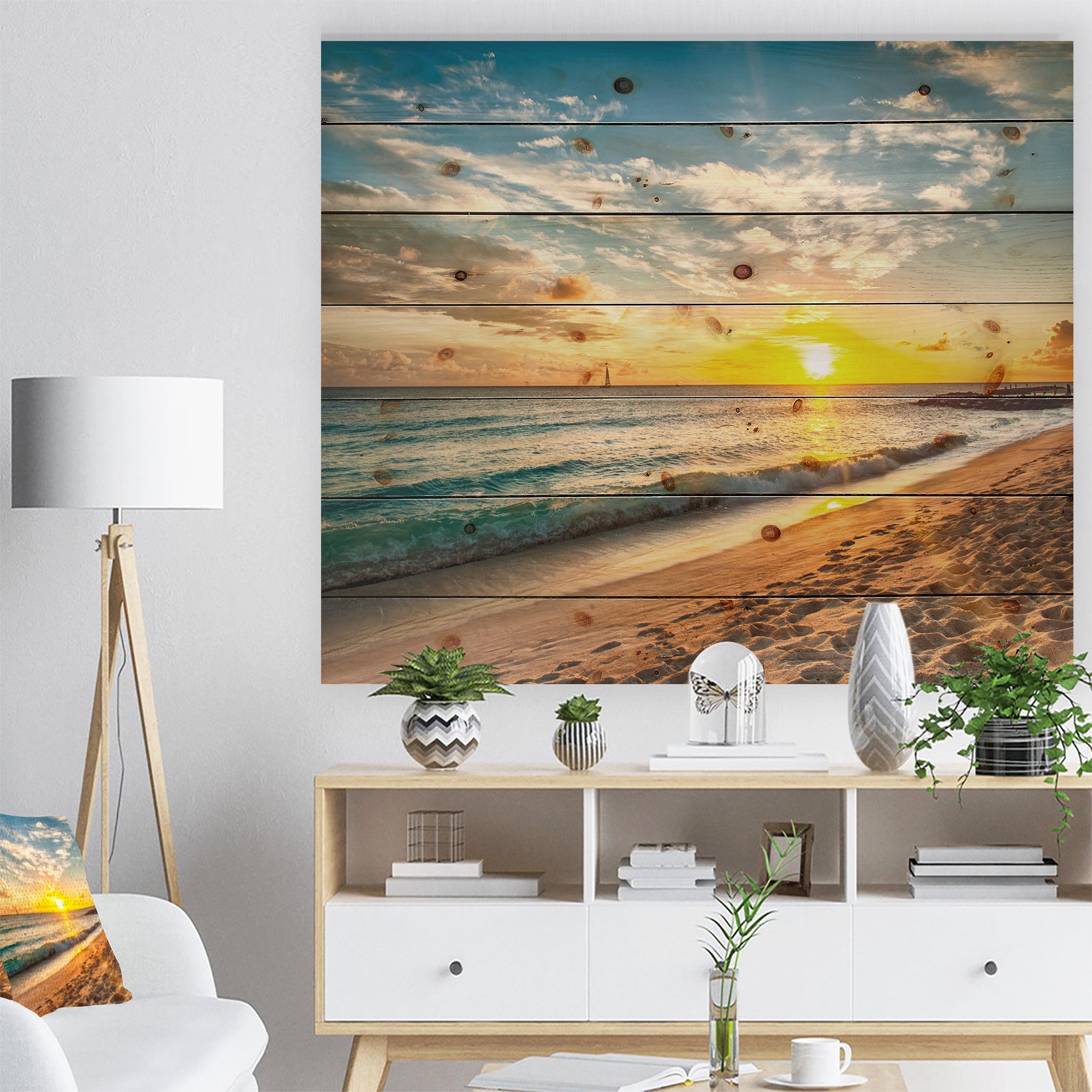 White Beach in Island of Barbados - Modern Seascape Print on Natural Pine Wood - 20x15