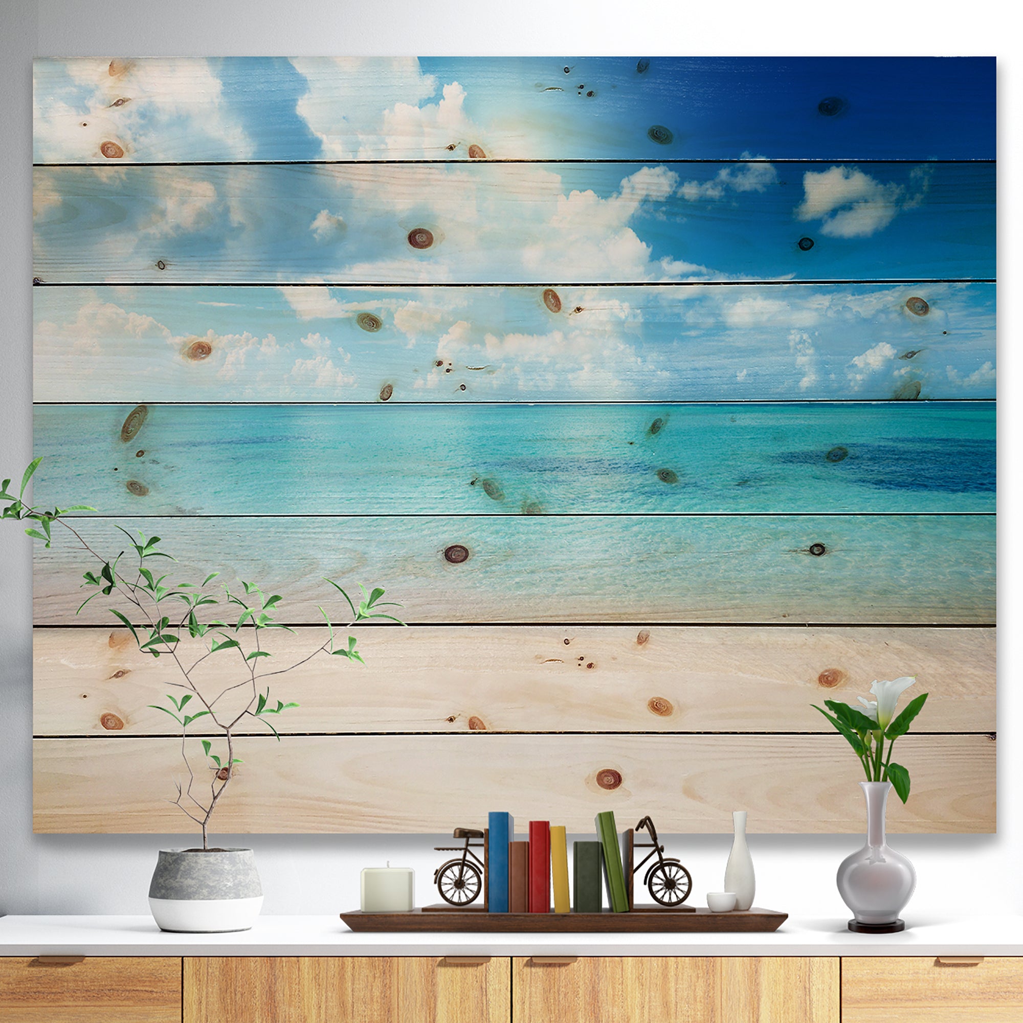 Sand of Beach in Blue Caribbean Sea - Modern Seascape Print on Natural Pine Wood - 20x15