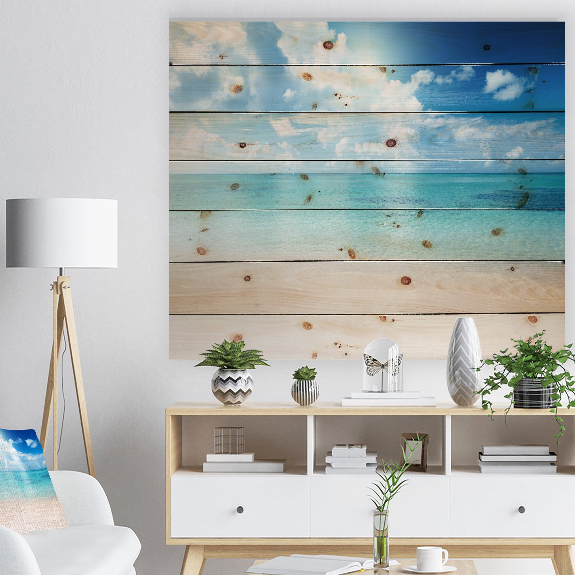 Sand of Beach in Blue Caribbean Sea - Modern Seascape Print on Natural Pine Wood - 20x15