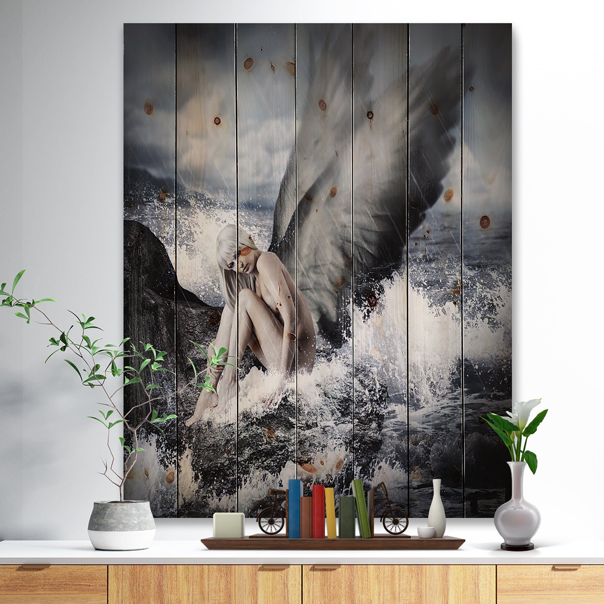 Angel Resting By Crashing Waves - Abstract Print on Natural Pine Wood - 15x20