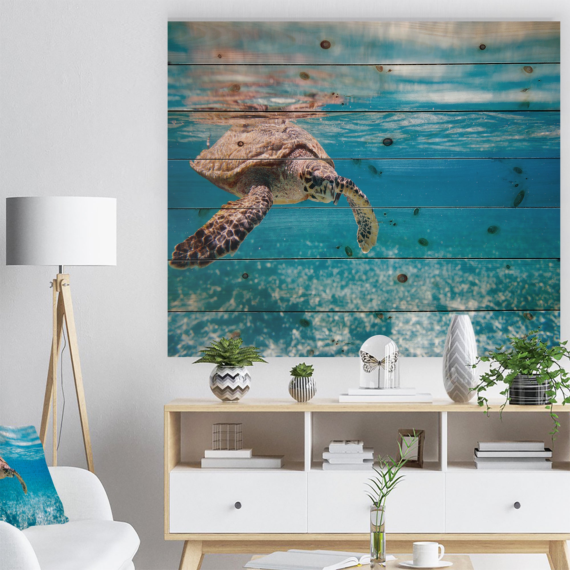 Large Hawksbill Sea Turtle - Abstract Print on Natural Pine Wood - 20x15