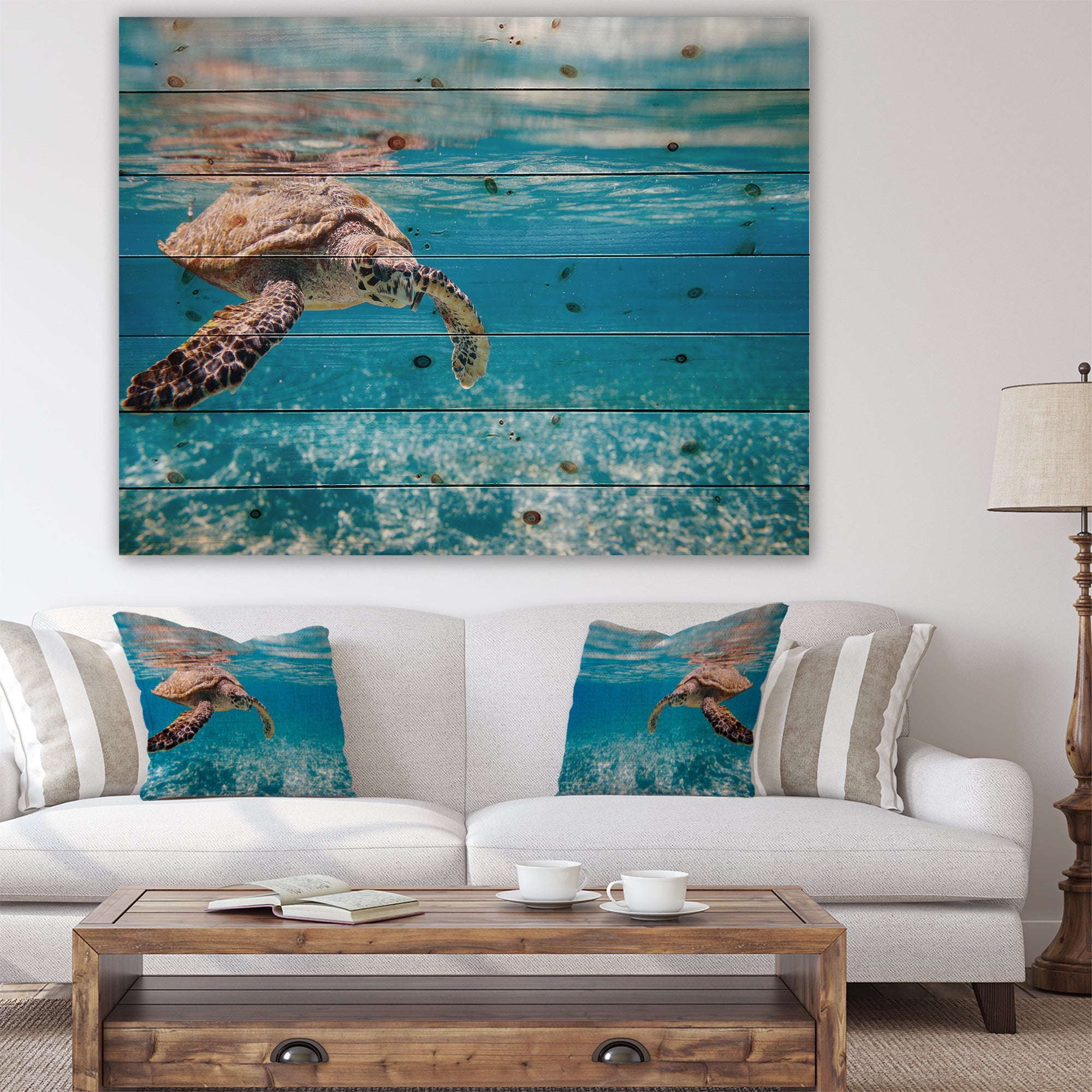 Large Hawksbill Sea Turtle - Abstract Print on Natural Pine Wood - 20x15