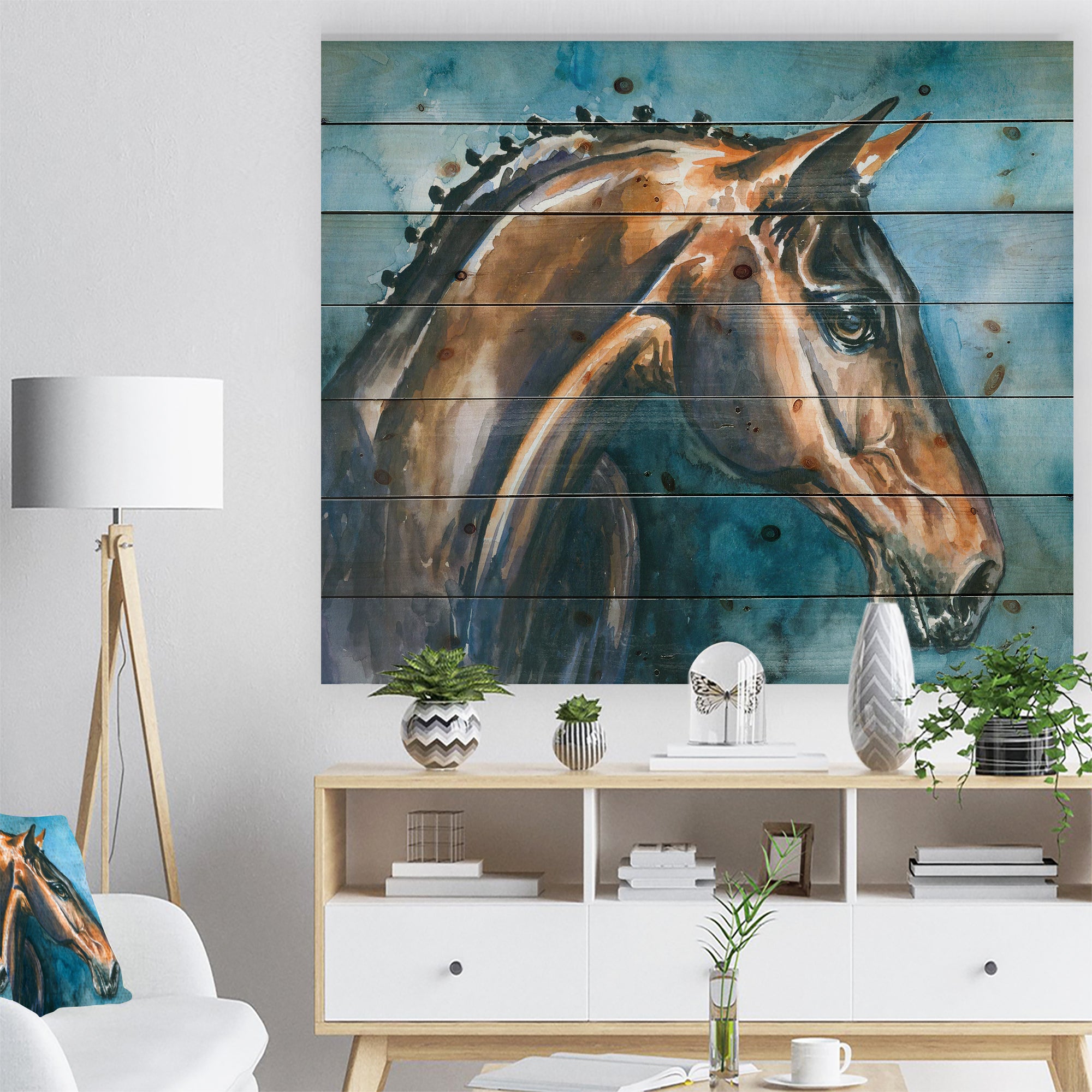 Brown Horse on Blue Watercolor - Abstract Print on Natural Pine Wood - 20x15