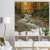 Forest Waterfall with Yellow Trees - Landscape Print on Natural Pine Wood - 20x15