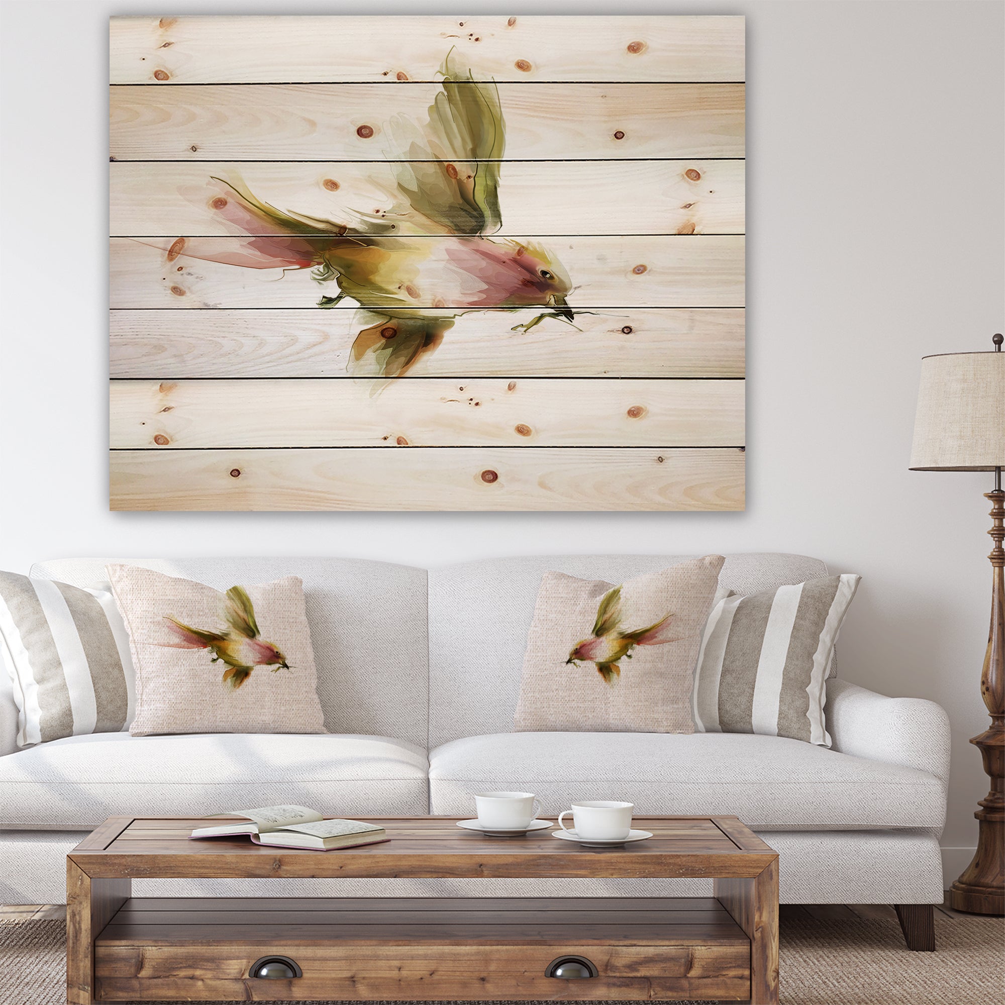 Nice Flight of Lovely Green Bird - Animal Print on Natural Pine Wood - 20x15