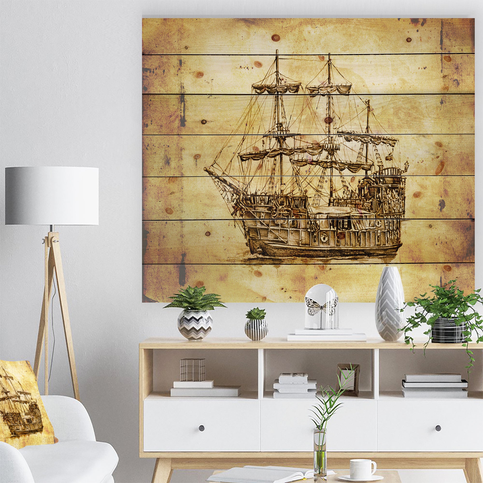 Old Travelling Boat Drawing - Seashore Print on Natural Pine Wood - 20x15