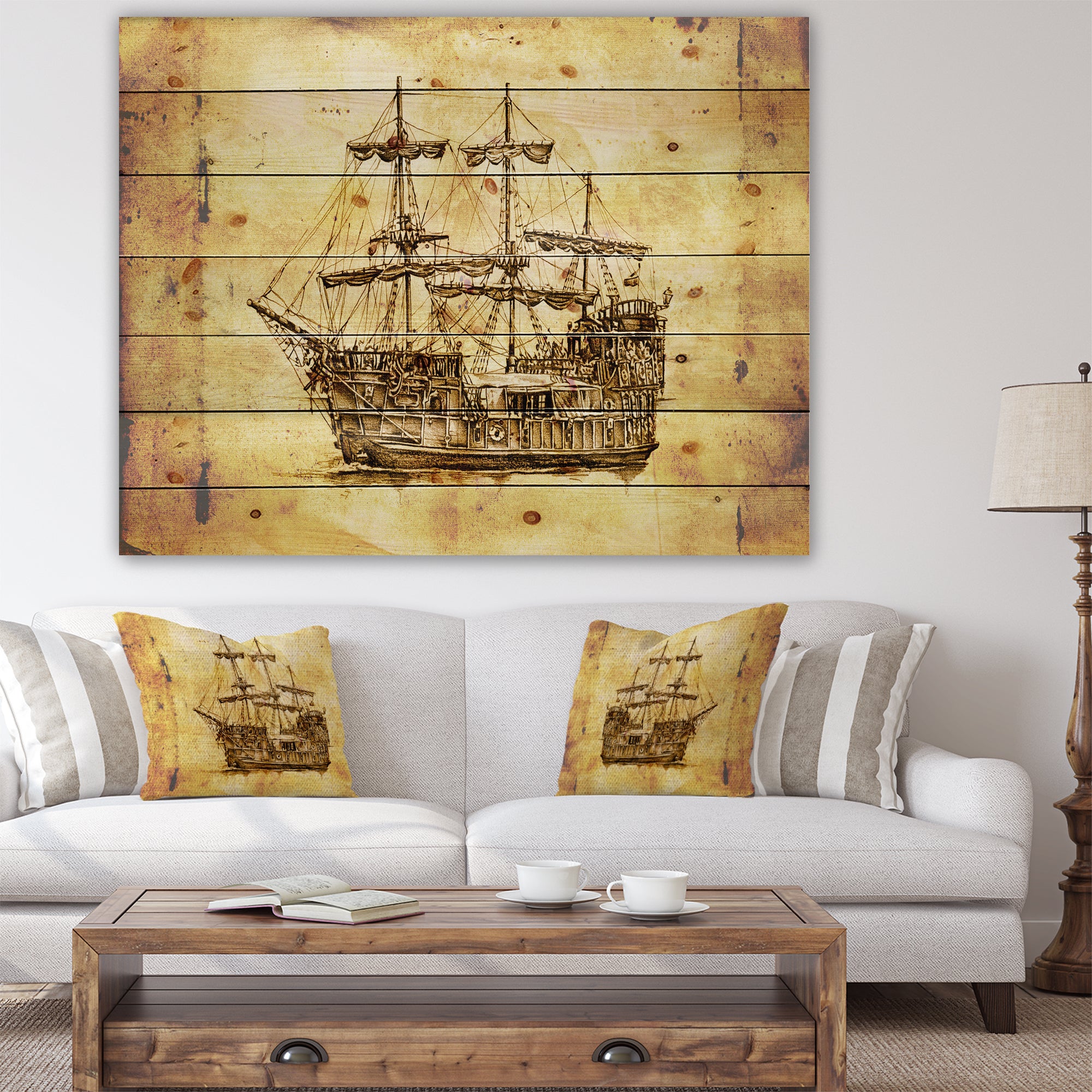 Old Travelling Boat Drawing - Seashore Print on Natural Pine Wood - 20x15