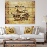 Old Travelling Boat Drawing - Seashore Print on Natural Pine Wood - 20x15