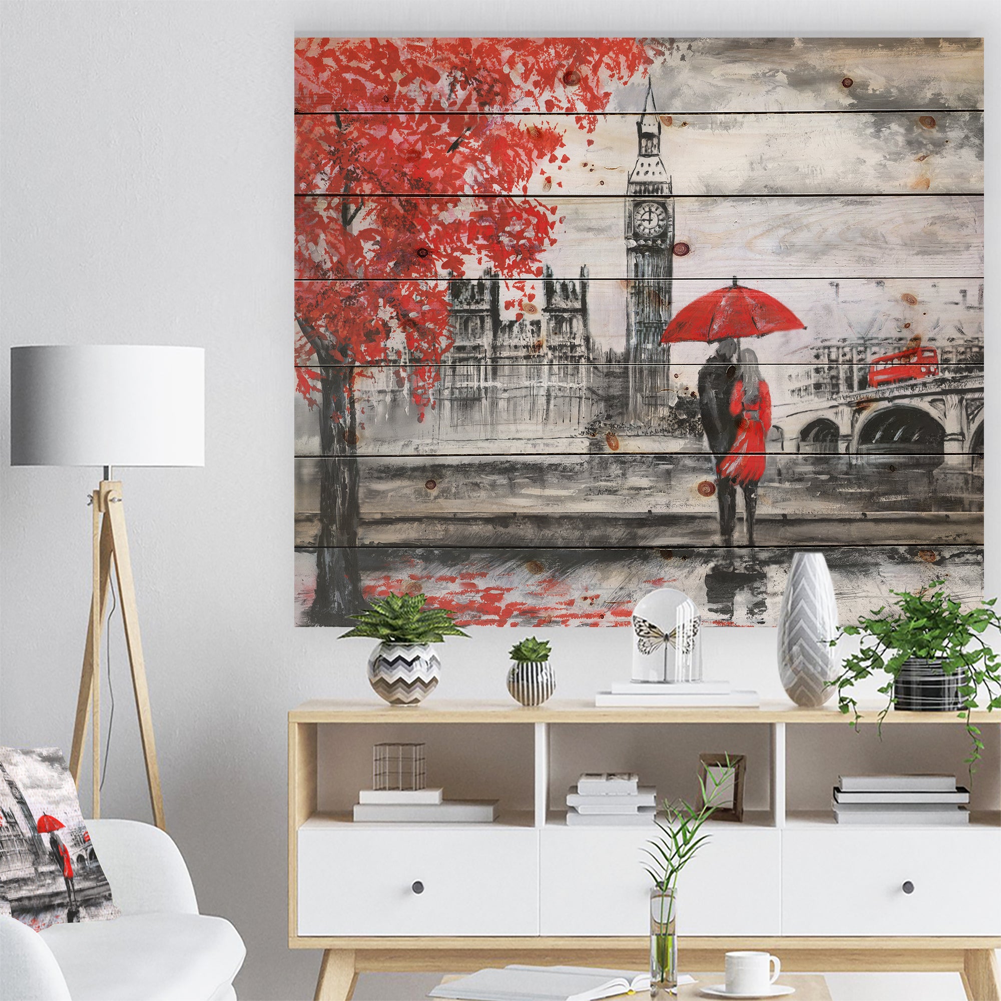 Couples Walking in London - Landscape Print on Natural Pine Wood - 20x15