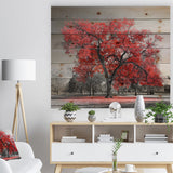 Big Red Tree on Foggy Day - Landscape Print on Natural Pine Wood - 20x15
