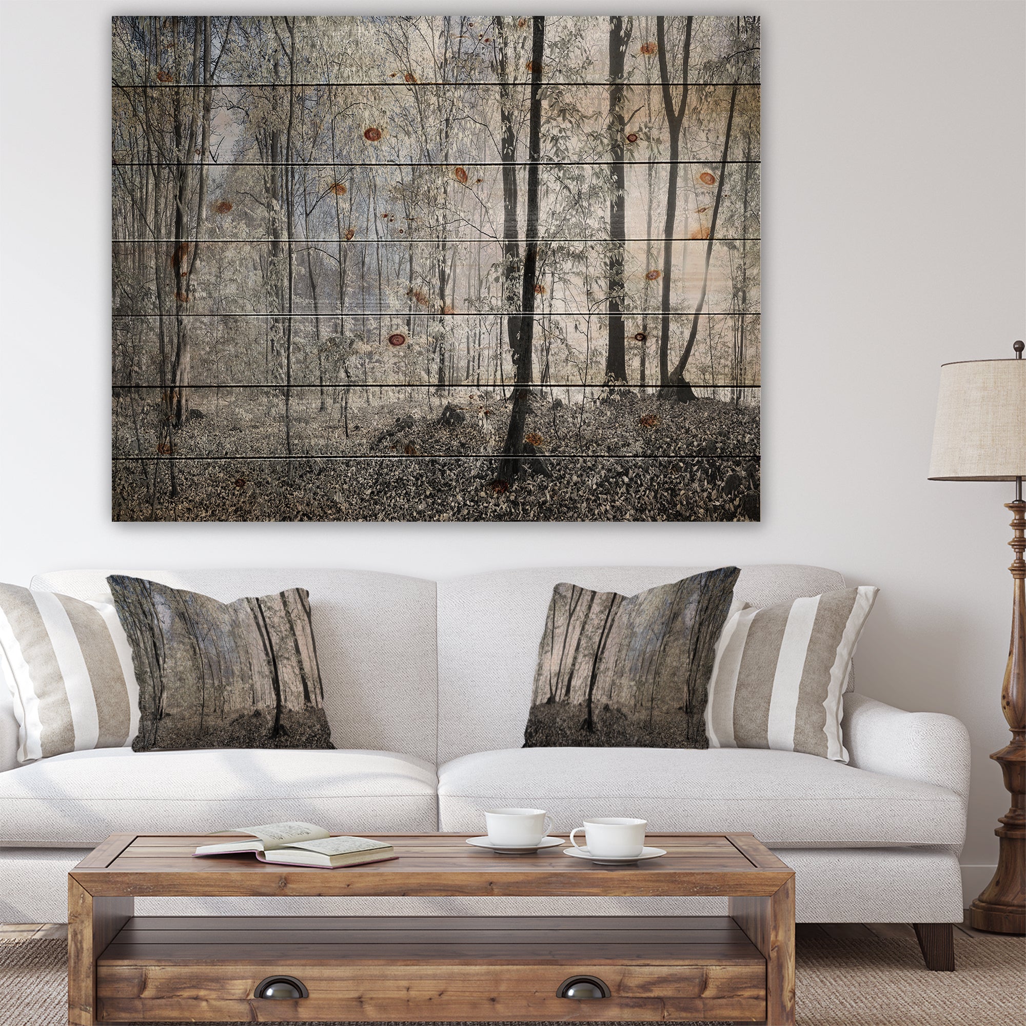 Dark Morning in Forest Panorama - Landscape Print on Natural Pine Wood - 20x15