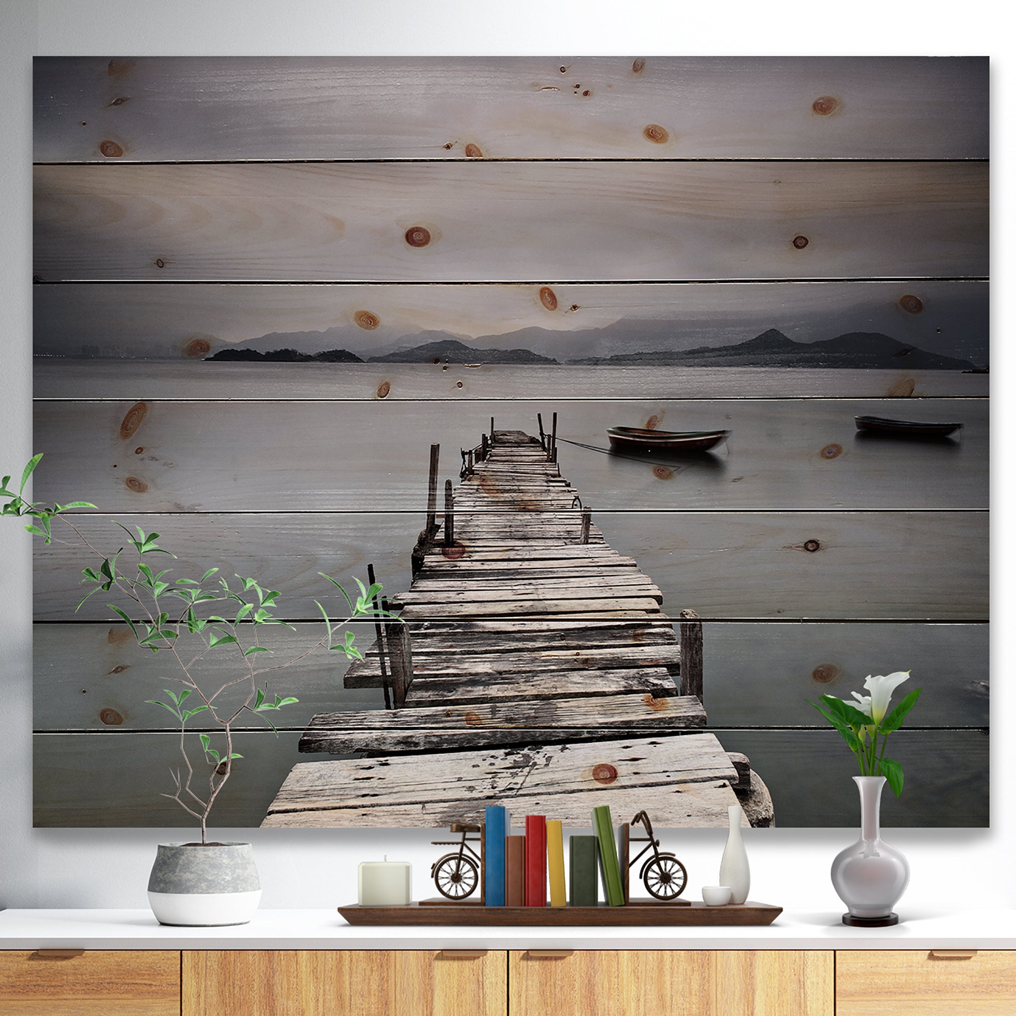 Pier and Boats at Seashore - Bridge Print on Natural Pine Wood - 20x15