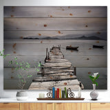 Pier and Boats at Seashore - Bridge Print on Natural Pine Wood - 20x15