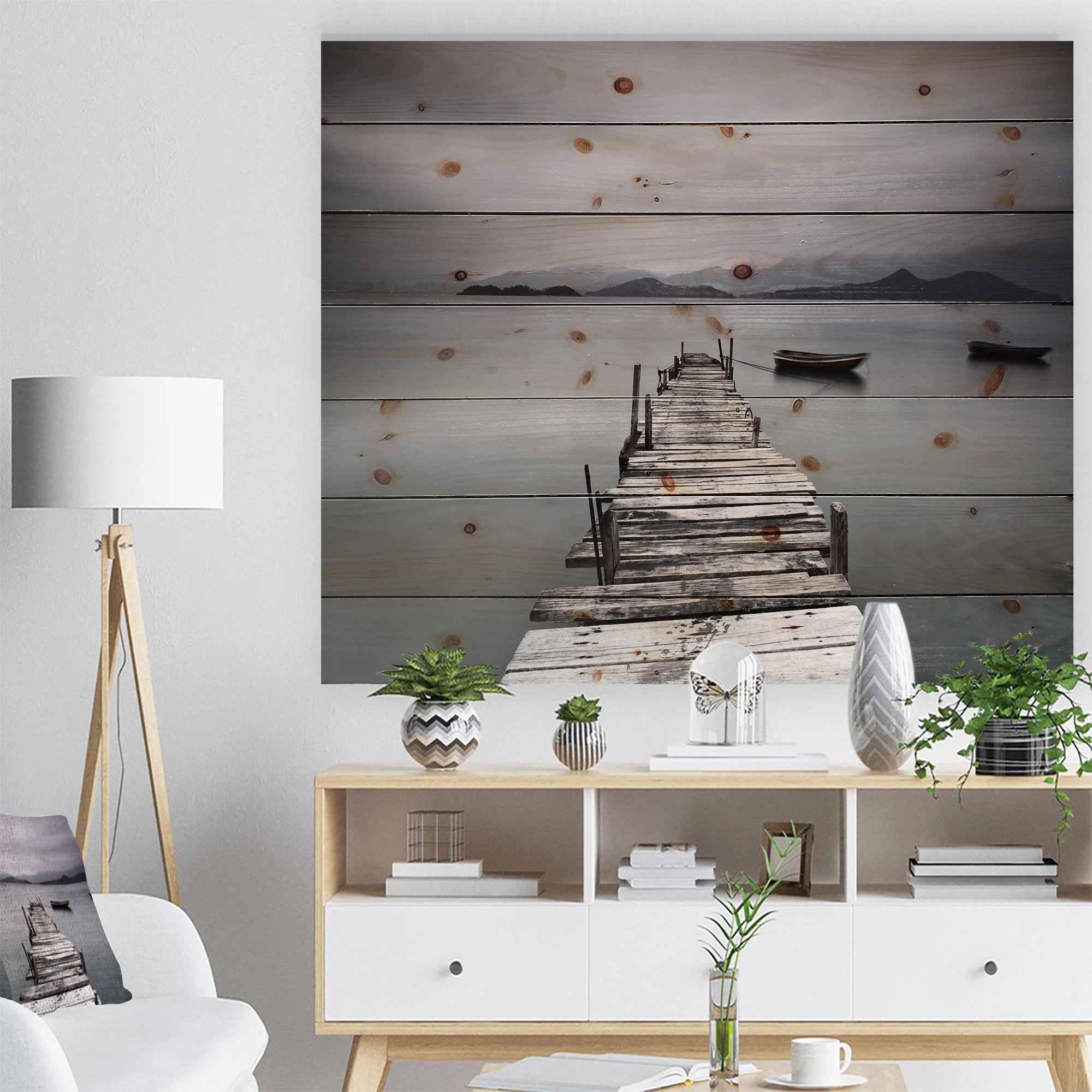 Pier and Boats at Seashore - Bridge Print on Natural Pine Wood - 20x15
