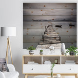 Pier and Boats at Seashore - Bridge Print on Natural Pine Wood - 20x15