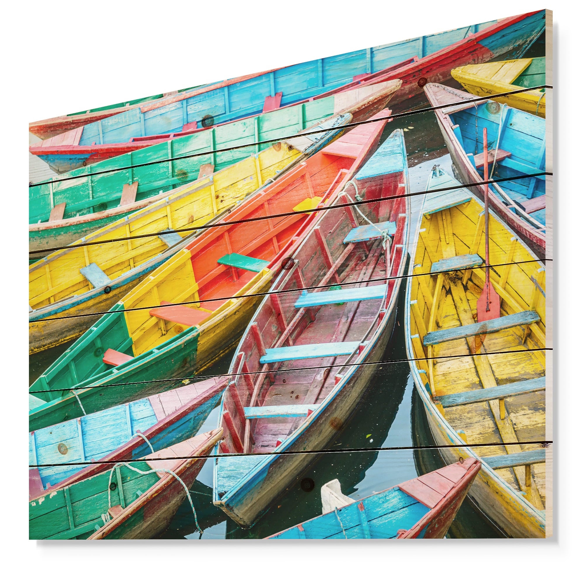 Rowing Boats on the Lake in Pokhara - Boat Print on Natural Pine Wood - 20x15