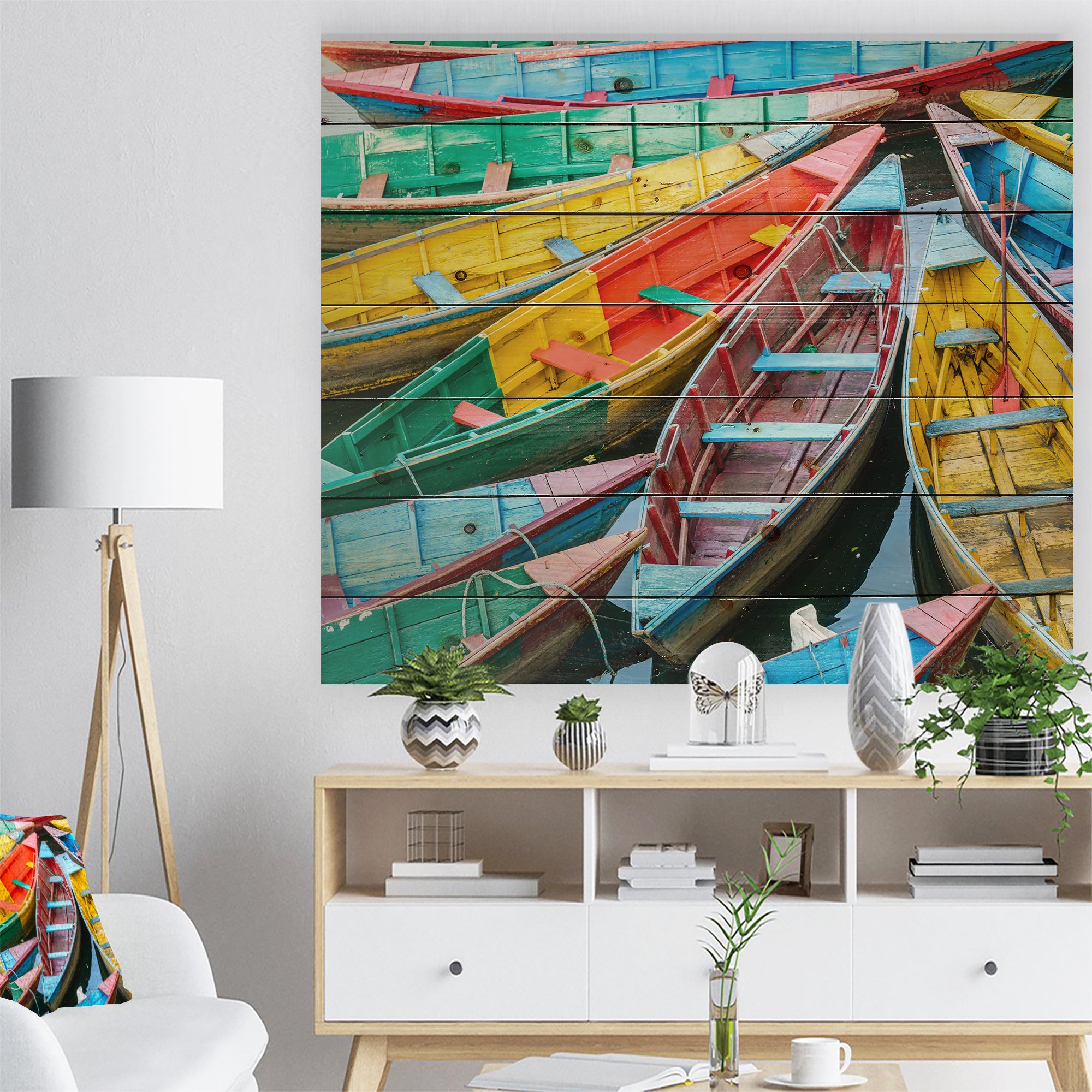 Rowing Boats on the Lake in Pokhara - Boat Print on Natural Pine Wood - 20x15