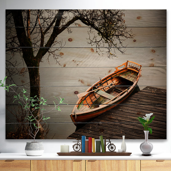 THE REYNARD 船の絵画 木製フレーム付き Little Rowing Boat Ferry - Boat Print on Natural Pine Wood - 20x15