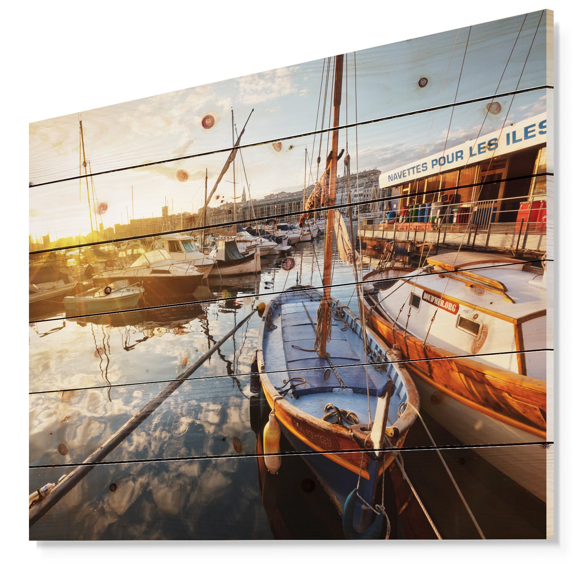 Yachts at Sea Port of Marseille - Boat Print on Natural Pine Wood - 20x15