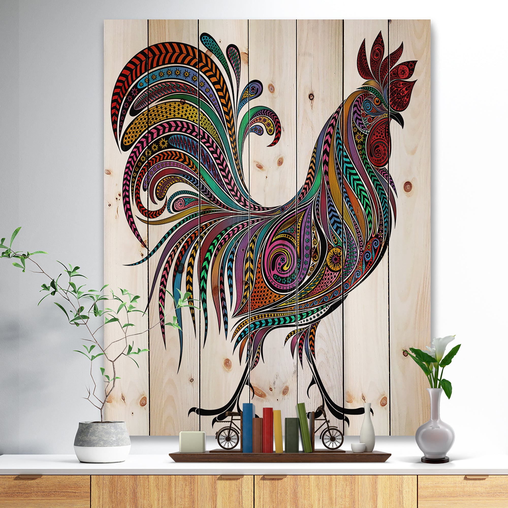 2017 Colored Patterns Rooster - Farmhouse Animal Painting Print on Natural Pine Wood - 15x20